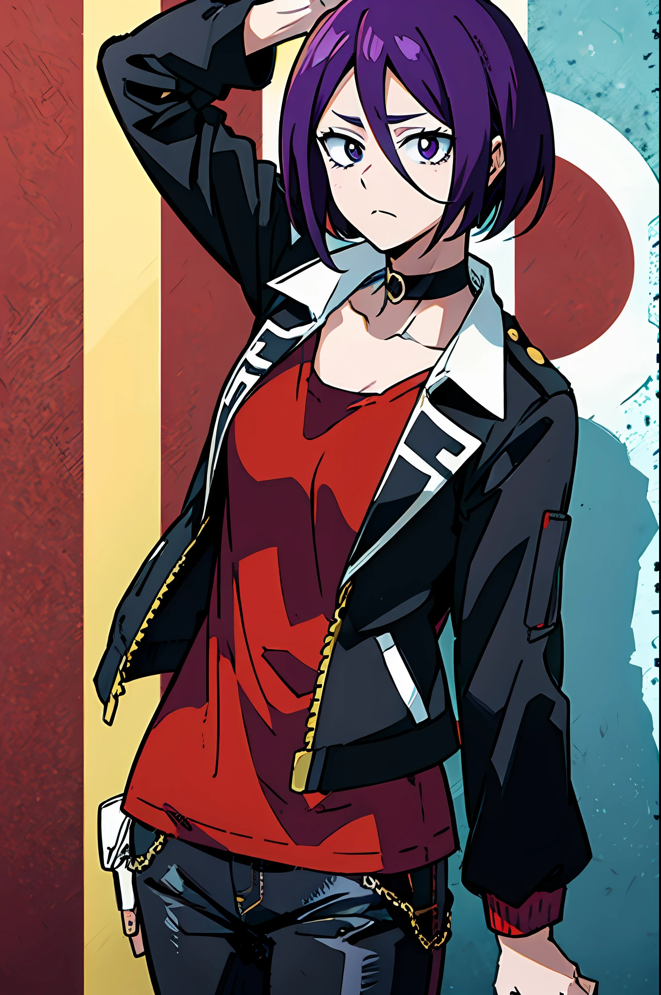 1girl, purple eyes and dark purple hair, bob cut, medium length haircut, black leather jacket, long red-colored shirt with several rips at the collar and hem, black pants, black choker, (bleach and boku no hero academia style), (illustrated by Kohei Horikoshi and Tite Kubo), (style mixing), Kyoka Jiro, Rukia Kuchiki, (character mixing)