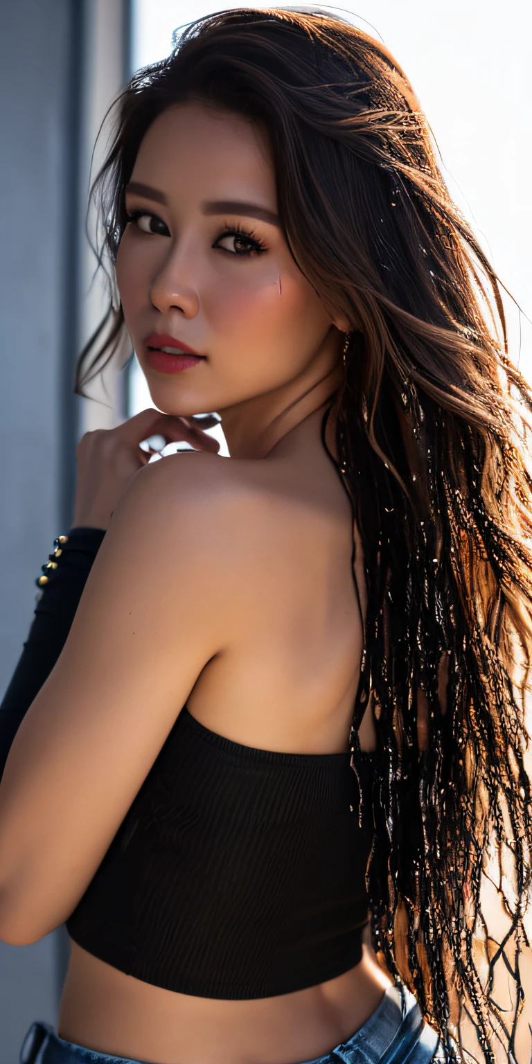((Close-up photo of face)), ((Black eyes)), Full face portrait photo of 25 year old European girl with braided hair, RAW, beautiful woman, semi-open strawberry lip, dimples, wistful expression, (Extra long wavy brown hair), ((Detailed face)), ((Detailed facial features)), (Fine detailed skin), Pale skin, (Cool colors(Masterpiece), Wet, Reflection, (Masterpiece), (Best Quality), (Detail), (4K), (Wallpaper), (Cinematic Lighting), (Dramatic Lighting), (Sharp Focus), (Complex), RAW Photography, Gigachado Photography, Camera Pose, Black Jeans, Back Arm, 8K UHD, DSLR, High Quality, Grain Film, Fujifilm XT3, Film Stock Photo 4 Kodak Portra 400 Camera F1.6 Lens Rich colors Ultra-realistic textures Dramatic lighting Unreal Engine Art Station Trends Cinestill 800 Tungsten, Toughboy Style, Ultra Focus Face, Short Messy Hair, Beads, Off-Shoulder Crop Top,