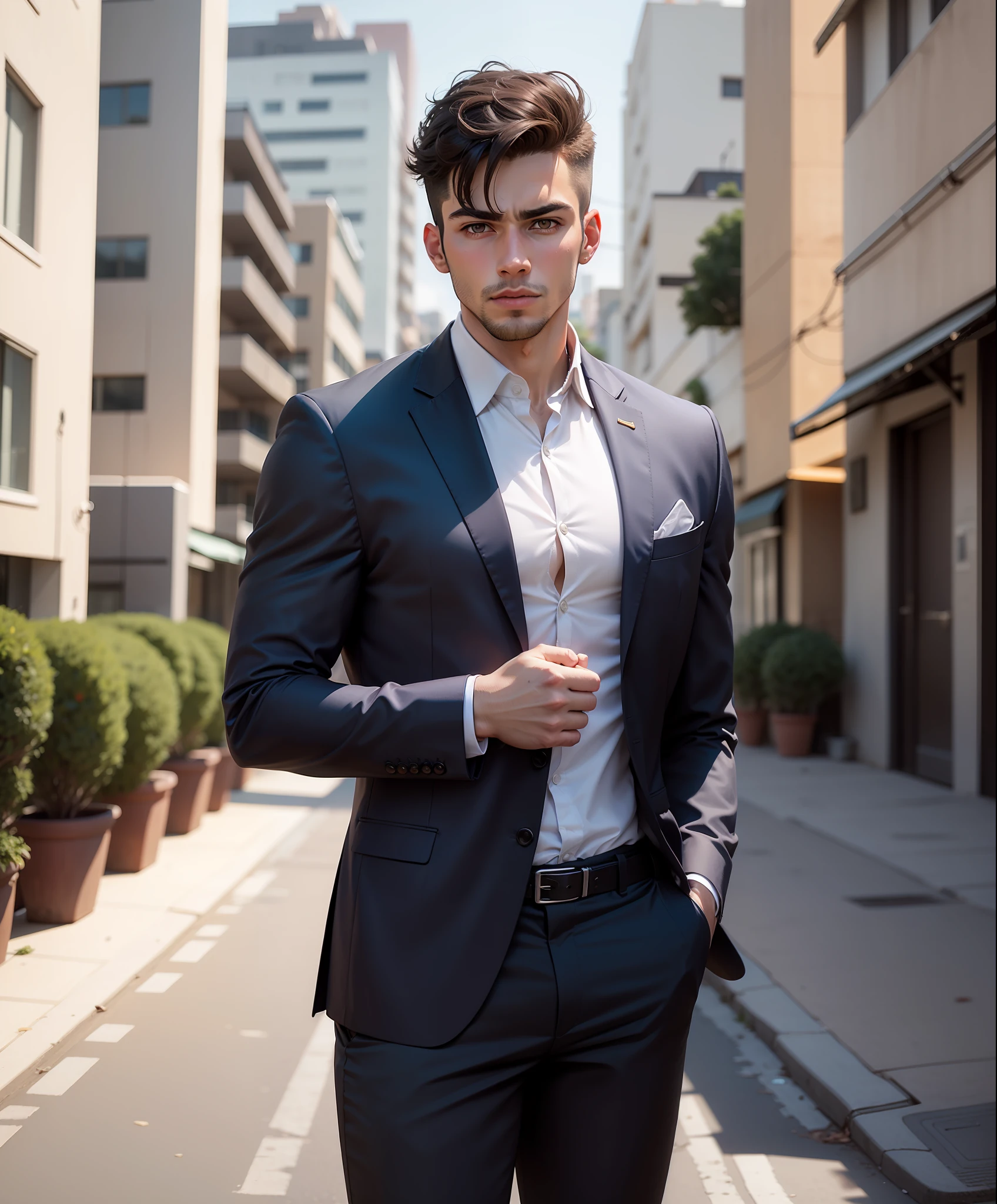 Young sexy white Brazilian Brazilian athletic man with brown Latin eyes and haircut without brown bangs, wearing black suit standing watching the city, office background. realista, 4k, Hiperealista, melhor imagem.