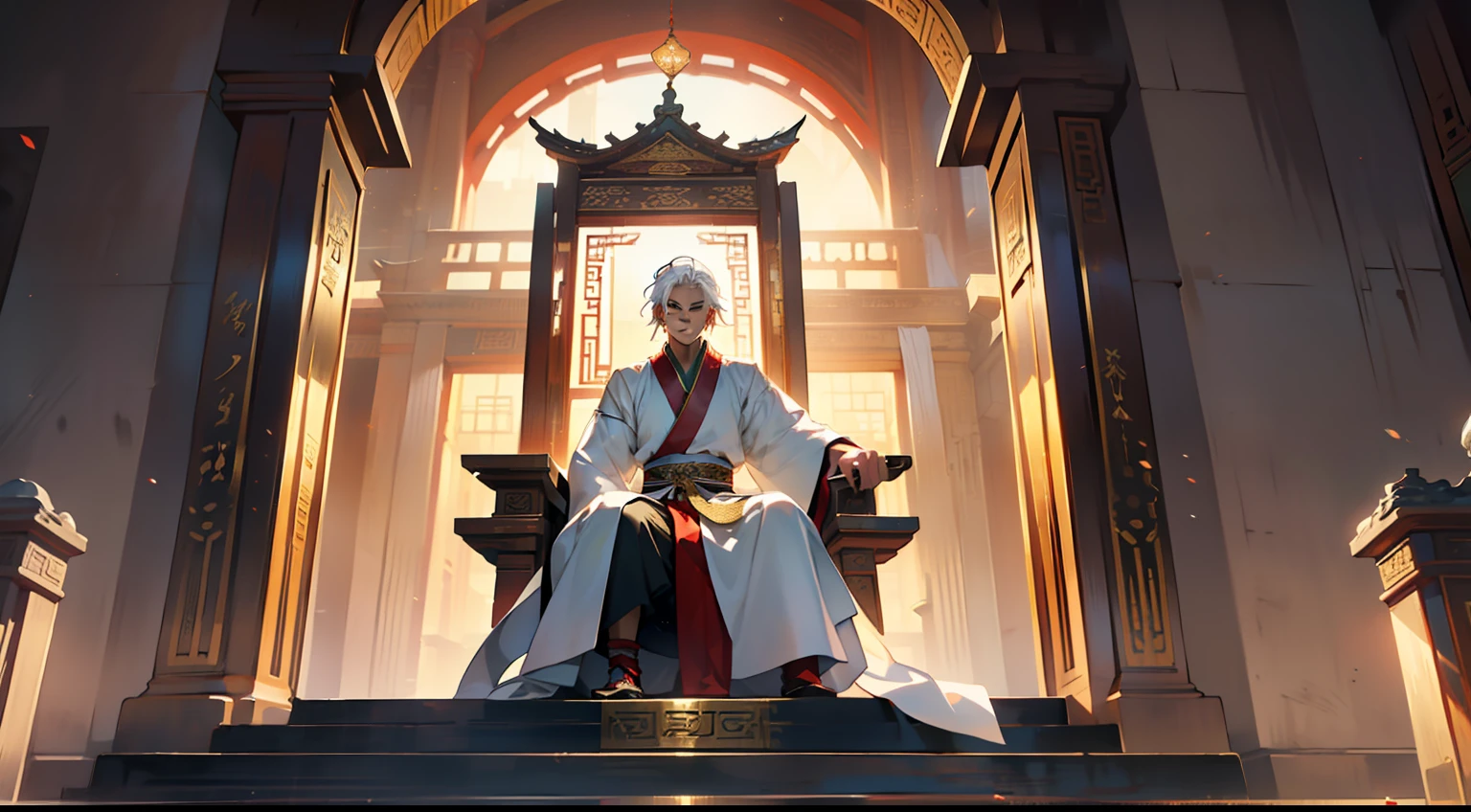7. (The boy, with (((white hair))), dressed in white Hanfu, sits on the sacred throne, looking down calmly) (Background: A magnificent ancient imperial palace, resplendent with gold and jade).