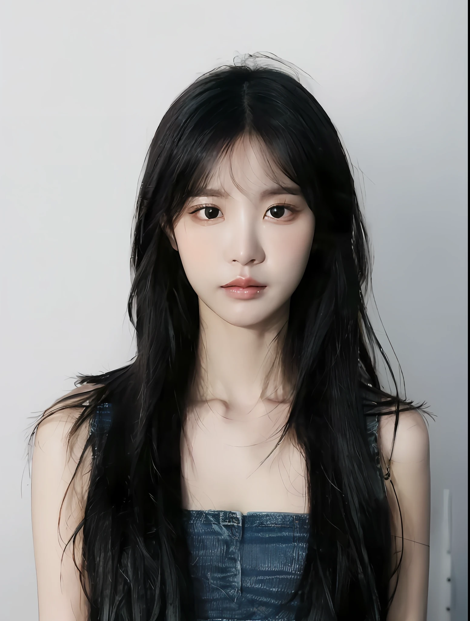 a close up of a woman with long black hair wearing a denim dress, Shin Jinying, iu lee ji-eun as a super villain, She has black hair,By bangs, lee ji-eun, Lee Ji-eun, jaeyeon nam, cute korean actress, beautiful Korean women, female actress from korea, Kim Do-young, young lovely Korean faces
