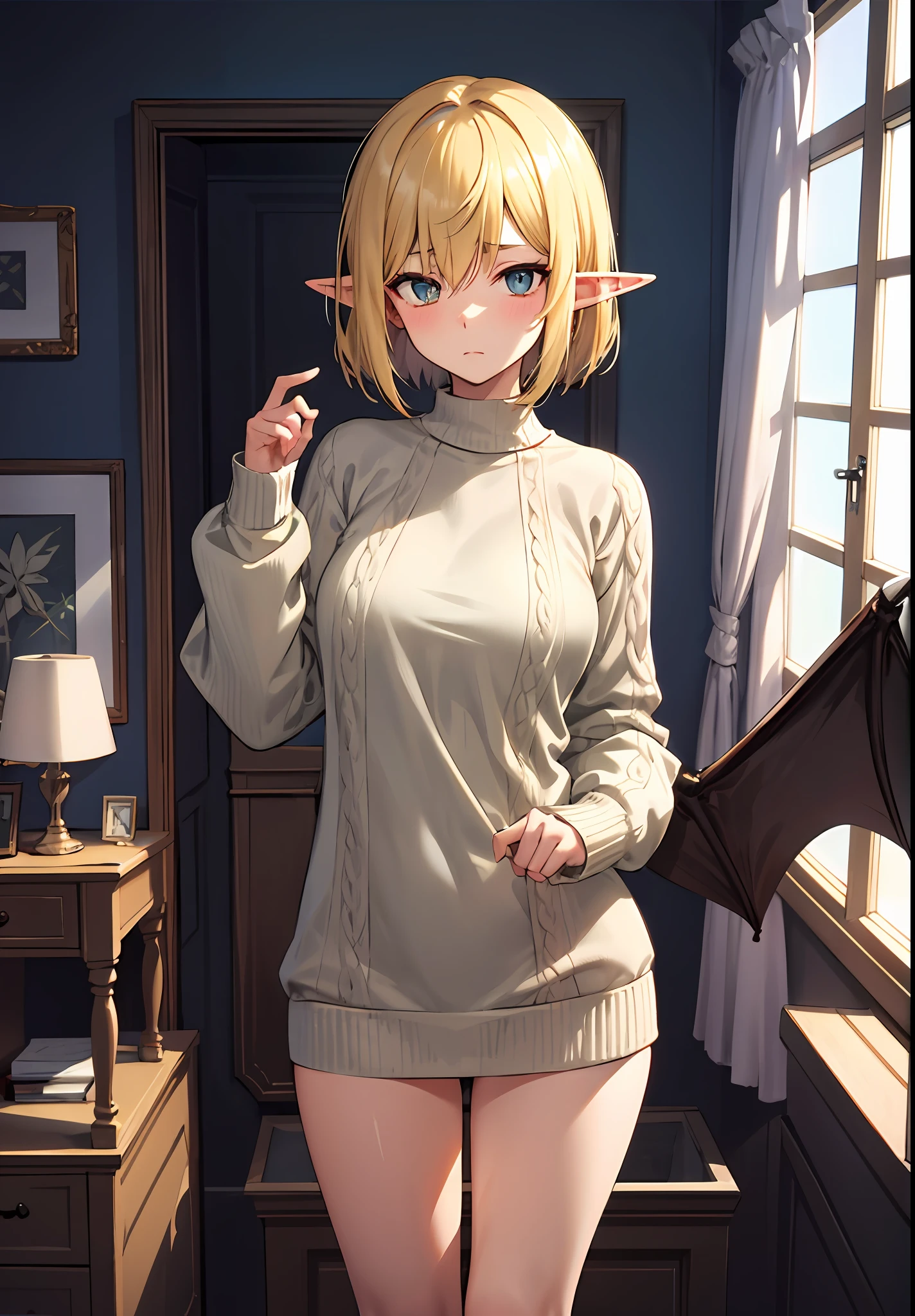 tmasterpiece，high high quality，1girlhugebreasts，solo，hugetits，bob-cut hair，inside room，（A half body：Above thighs），（hair between eye），（Hairstyles：Elf short hair），Bat wings，Disappointed face，looking looking at viewer，（Sweaters）