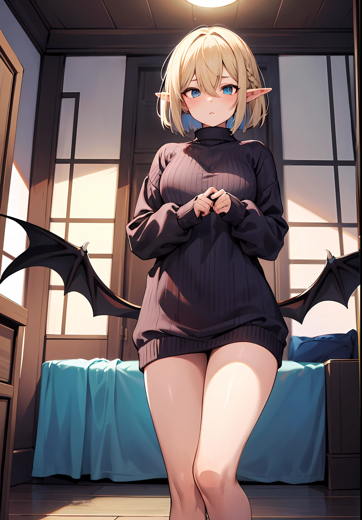 tmasterpiece，high high quality，1girlhugebreasts，solo，hugetits，bob-cut hair，inside room，（A half body：Above thighs），（hair between eye），（Hairstyles：Elf short hair），Bat wings，Disappointed face，looking looking at viewer，（Sweaters）