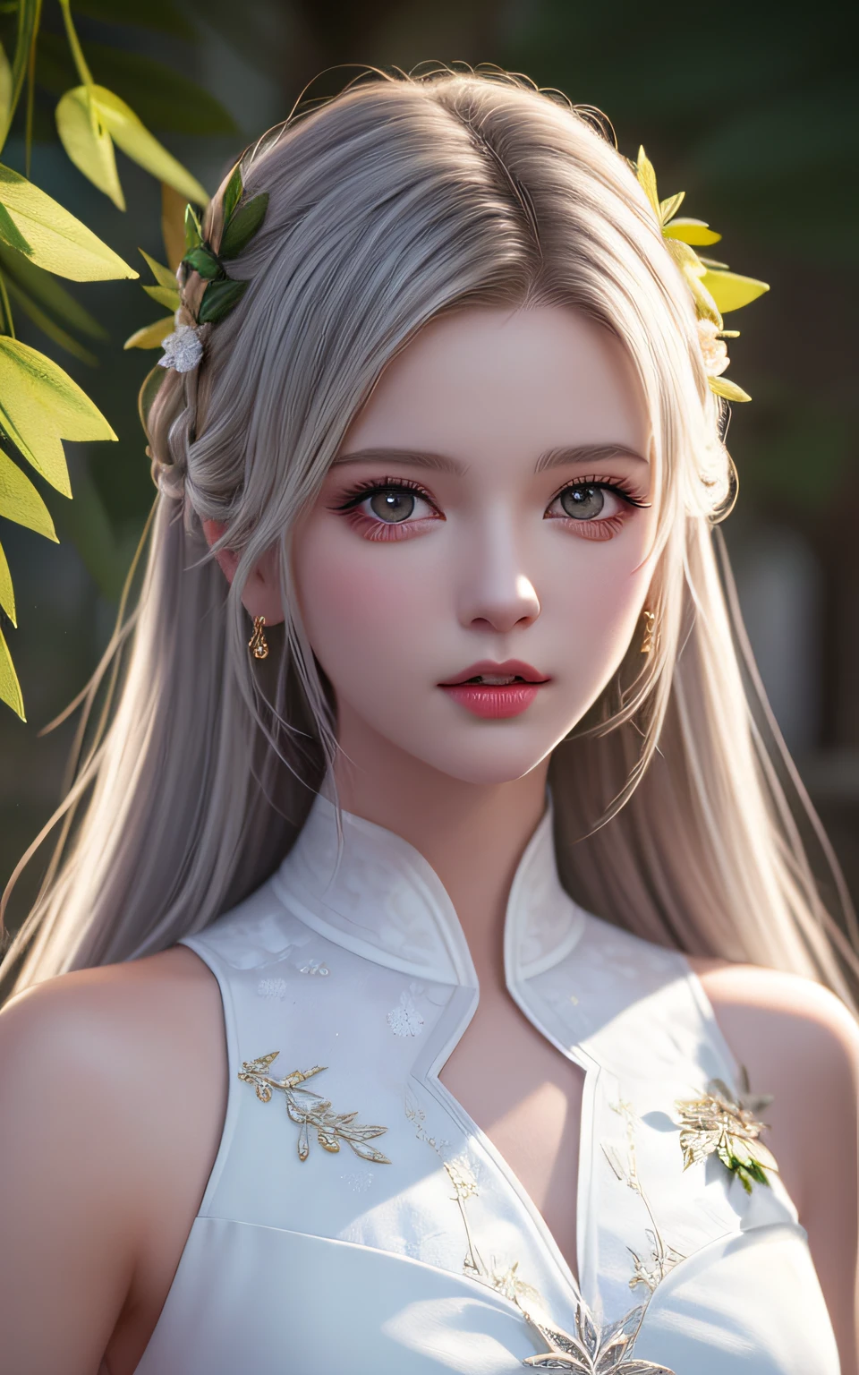 Trends on ArtStation, Trends on CGSociety, Intricate, High Detail, Sharp Focus, Dramatic, Realistic Art of Drawing by Midjourney and Greg Rutkowski, Sketch, Masterpiece, Best Quality, Very Detailed, 1girl, Half, Beautiful Meticulous Eyes, Cute Anime Face, Bust, Beautiful Meticulous Face, White Hair, (Botanical Illustration: 1.5), White Dress