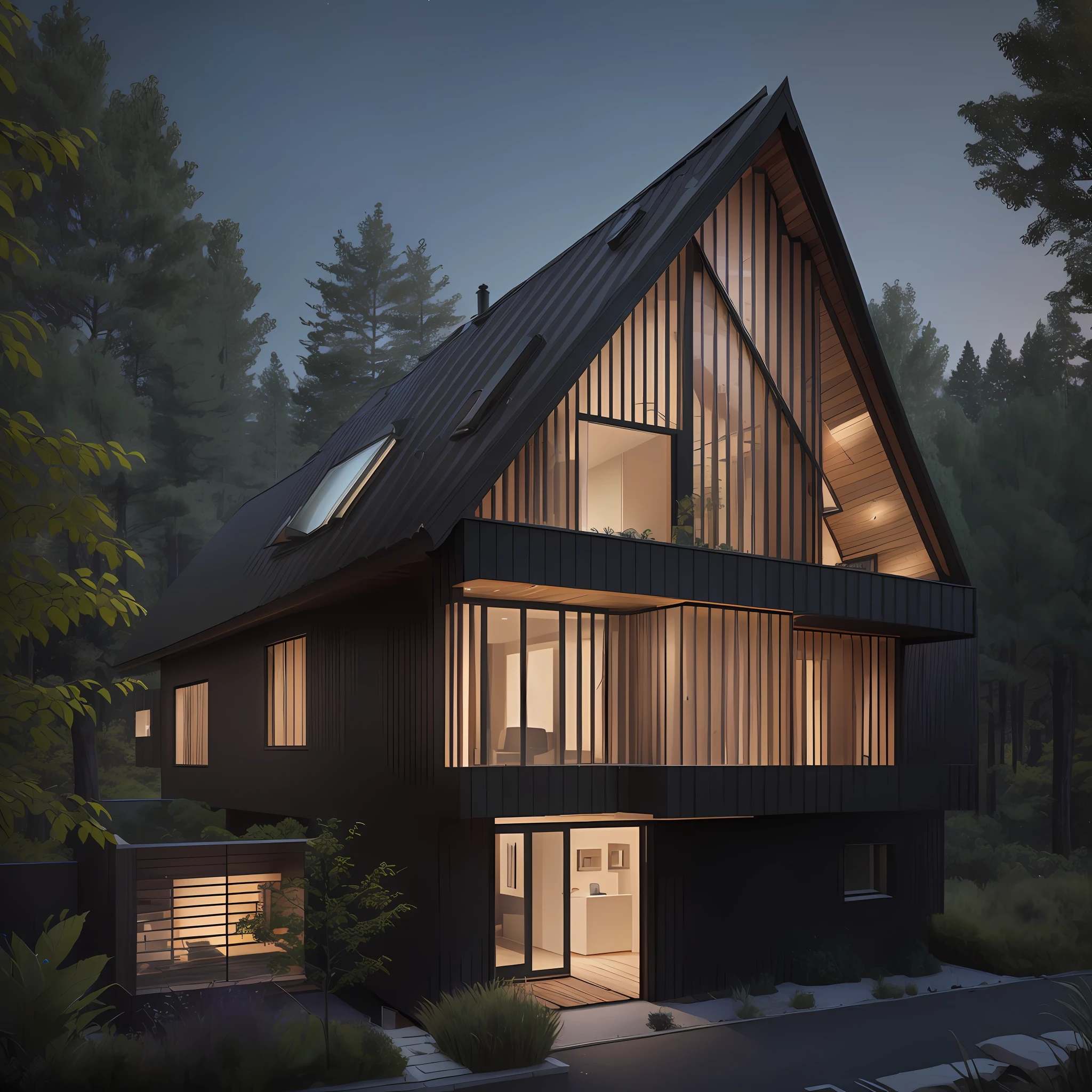 arafed house with a black roof and a black roof, night time render, modern house in the wood, award-winning render, minimalistic house in the wood, an award winning digital render, luxcore render, black house, award winning render, house in the wood, concept house, architectural render, architectural visualisation, lumion render, detailed archviz render