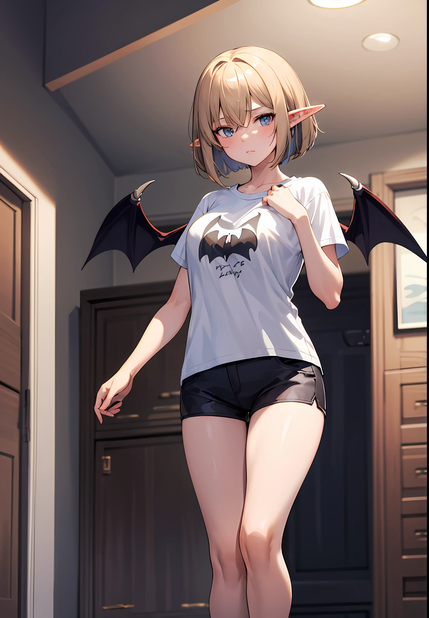 tmasterpiece，high high quality，1girlhugebreasts，solo，hugetits，bob-cut hair，inside room，（A half body：Above thighs），（hair between eye），（Hairstyles：Elf short hair），Bat wings，Disappointed face，looking looking at viewer，（T- shirt）