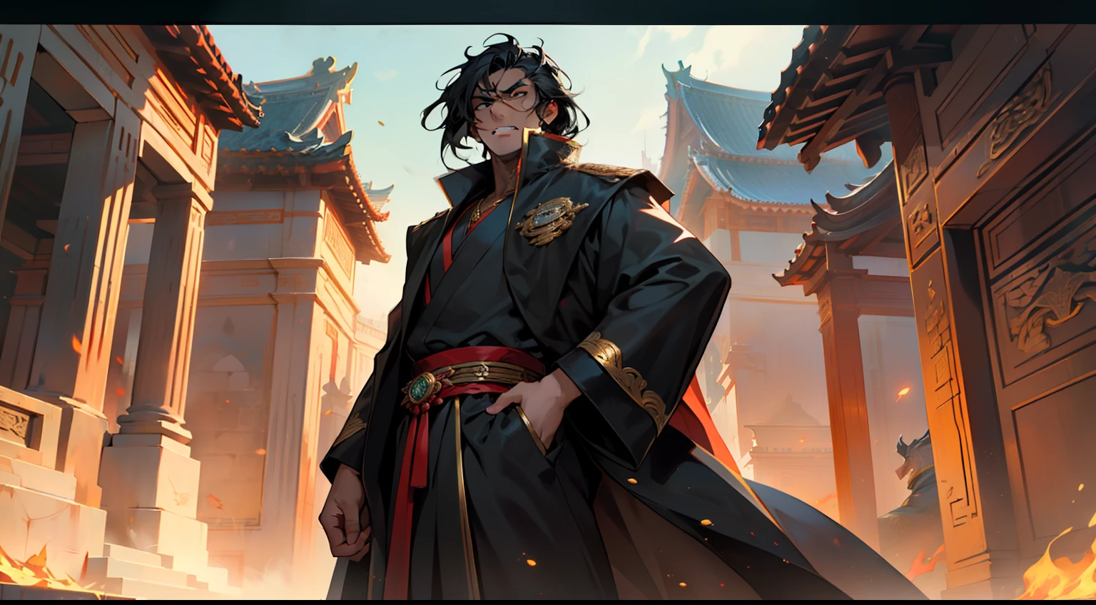 8. (The boy, with (((Black hair))), dressed in a black coat, his kingly air and outstanding demeanor intact, responds with clenched teeth and a gaze filled with murderous intent) (Background: A magnificent ancient imperial palace, resplendent with gold and jade).