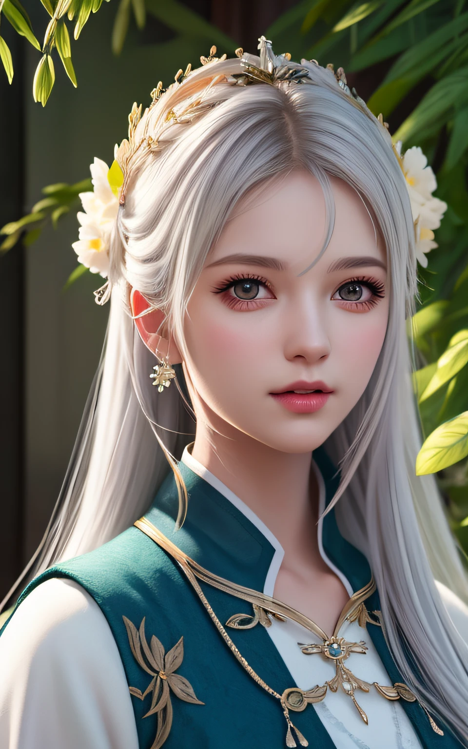 Trends on ArtStation, Trends on CGSociety, Intricate, High Detail, Sharp Focus, Dramatic, Realistic Art of Drawing by Midjourney and Greg Rutkowski, Sketch, Masterpiece, Best Quality, Very Detailed, 1girl, Half, Beautiful Meticulous Eyes, Cute Anime Face, Bust, Beautiful Meticulous Face, White Hair, (Botanical Illustration: 1.5), White Dress