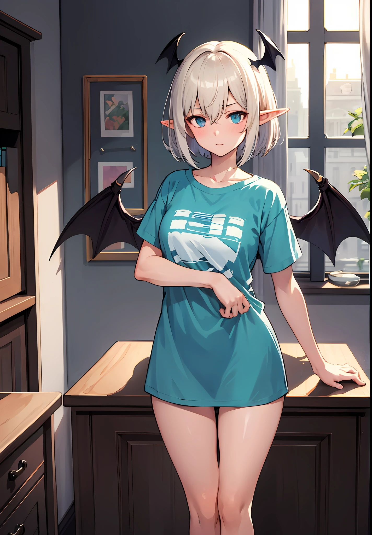 tmasterpiece,high high quality,1girlhugebreasts,solo,hugetits,bob-cut hair,inside room,(A half body:Above thighs),(hair between eye),(Hairstyles:Elf short hair),Bat wings,Disappointed face,looking looking at viewer,(T- shirt)