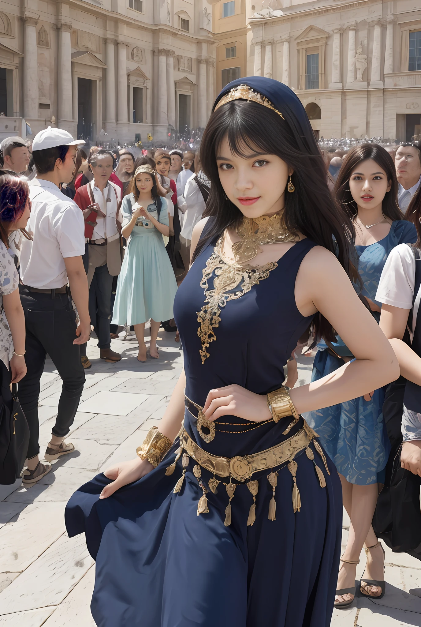 (巨作, Best quality, Realistic),
1girl big breasts,(on the St. Peter's Square of Vatican,crowd), sankta. Peter's Square of Vatican background, gypsy dress, Dancing, Intricate, Dark blue dress, Gold,banquet, crowd, picking up skirt,Pale skin,
[Slight smile],