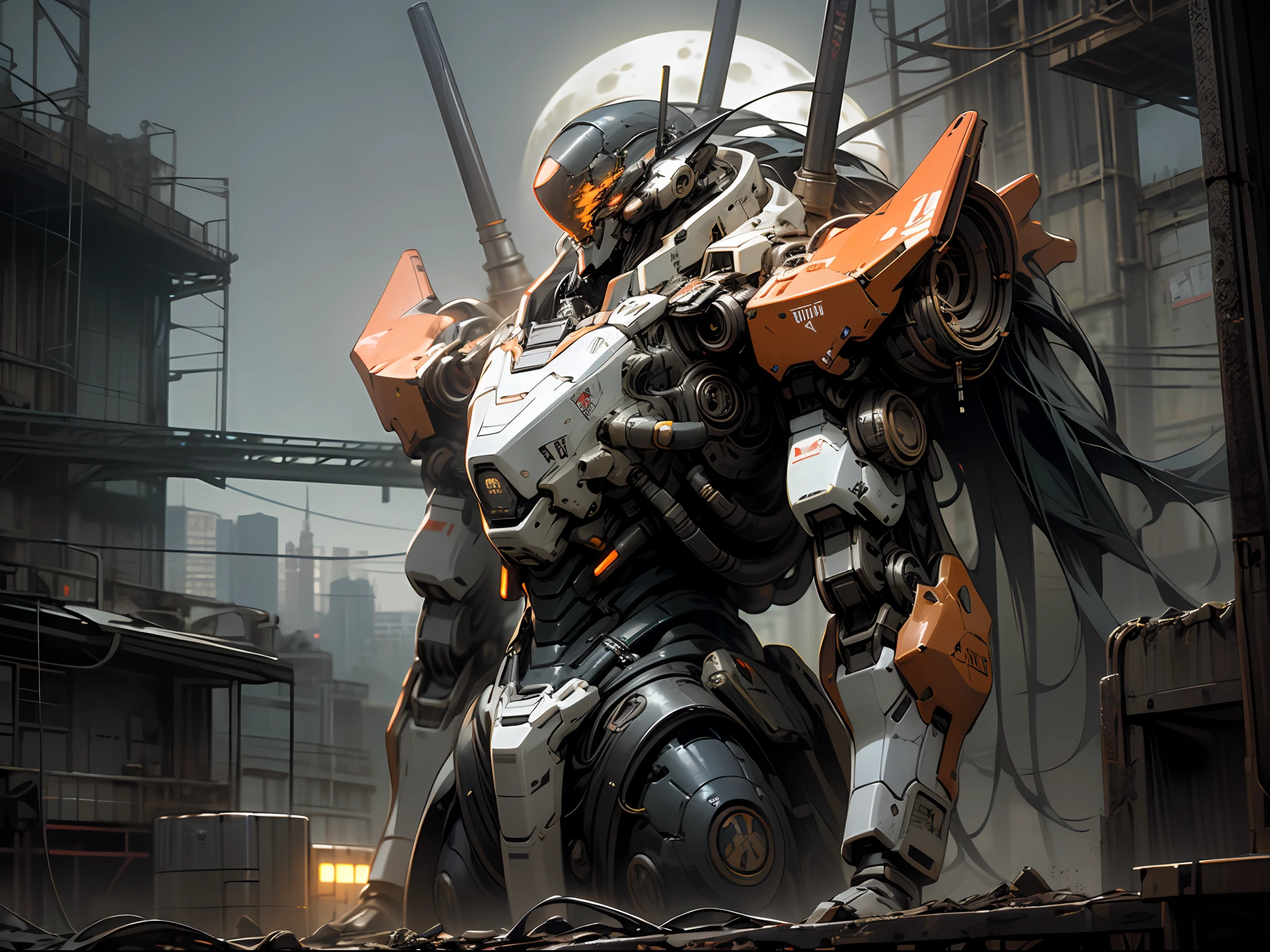 On the moon,barren planets, ruins, holding_weapon, no_humans, glowing, robot, building, glowing_eyes,orange mecha, science_fiction, city, realistic,mecha,Milky Way Galaxy background,neon,cyberpunk,steampunk chrome white black
