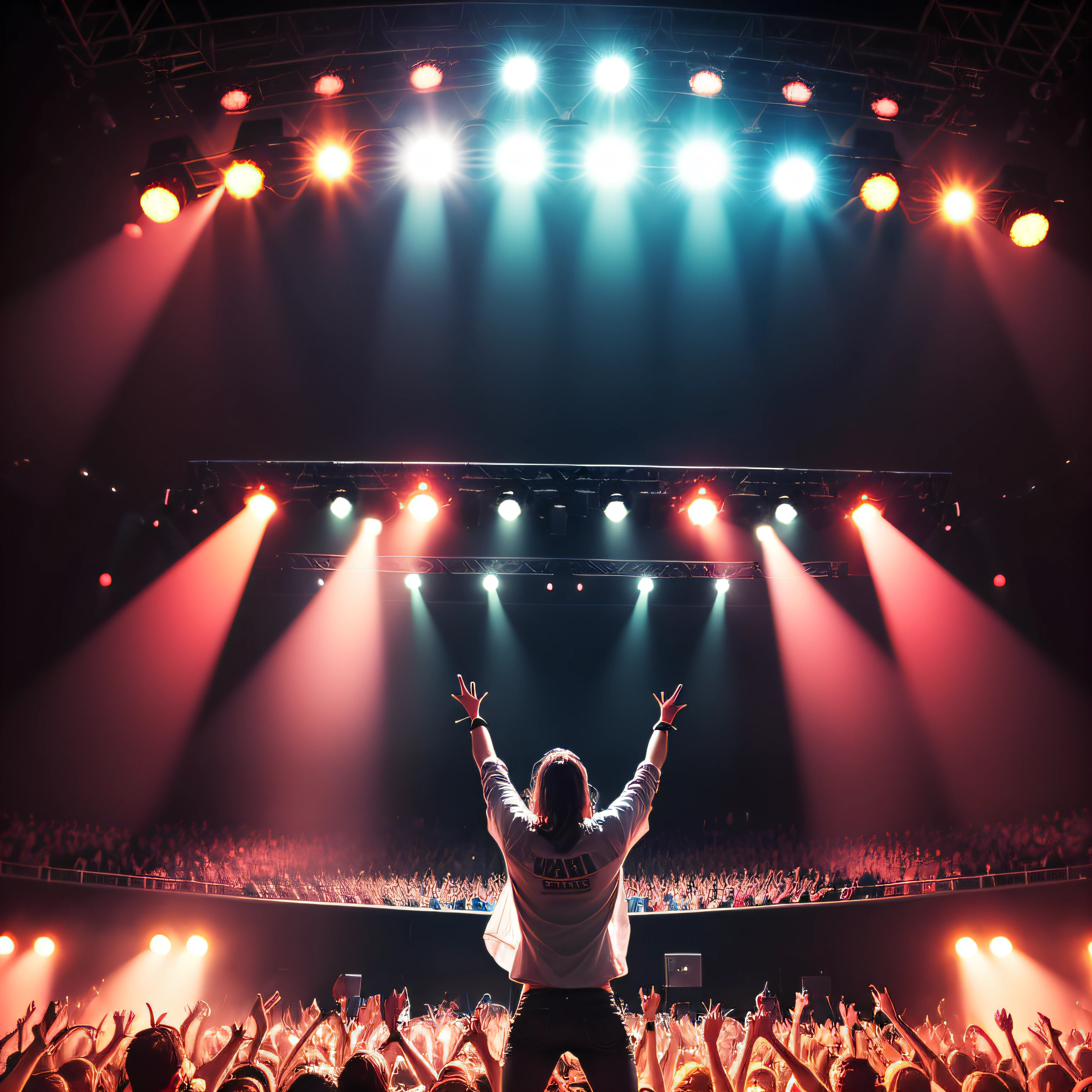 Crie um logo  de microfone de palco. Behind with red stage lights. Behind a crowd enjoying a show. --auto