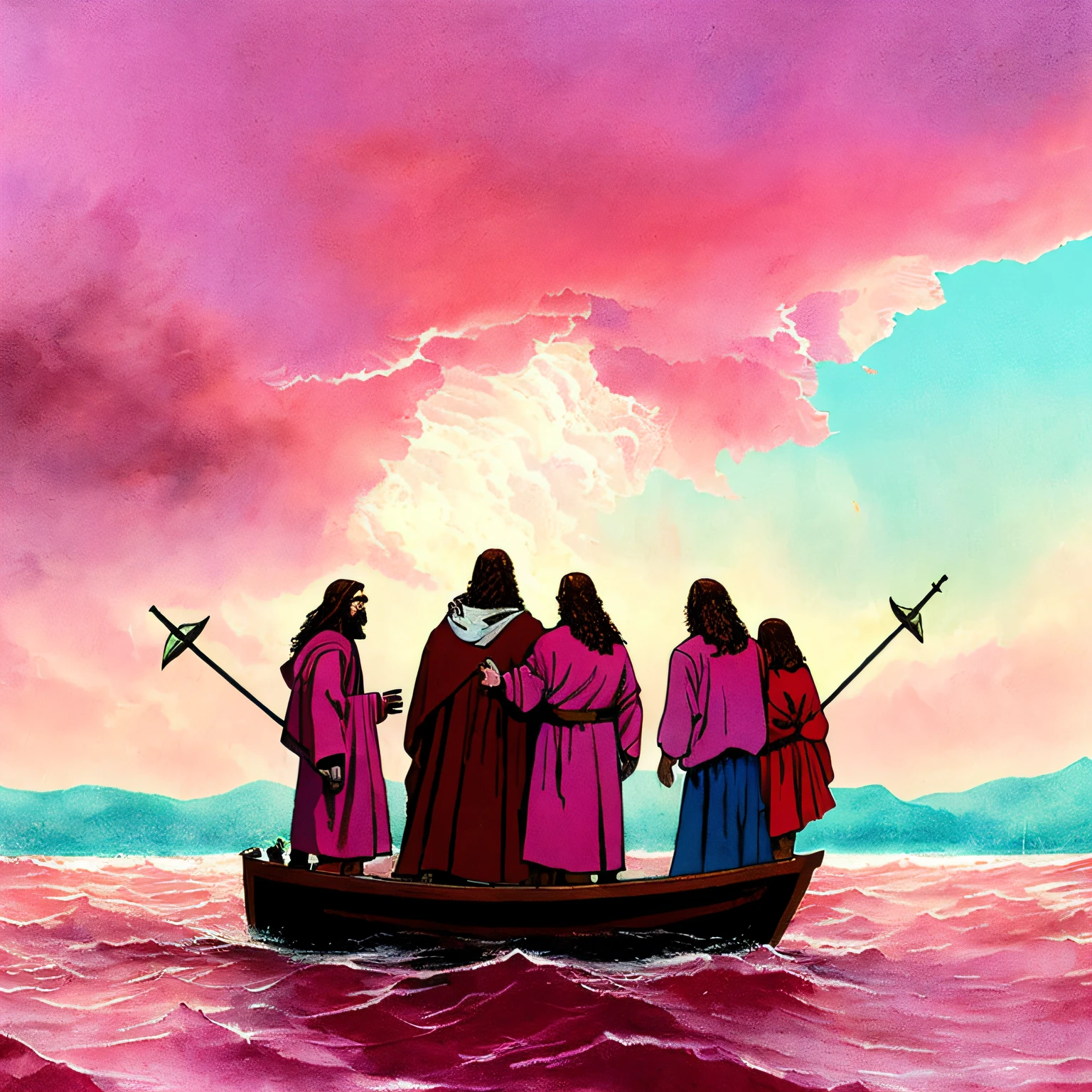 (Describe a moment when Jesus and his disciples are caught in a storm while sailing on a boat. Capture the fear and awe on their faces as Jesus calms the storm with a single word, showcasing his power and authority.), science fiction, complex scene   futuristic, post-apocalyptic
 pink-scene, pink-sky
(  ink sketch by Enki Bilal)((masterpiece, best quality, )),