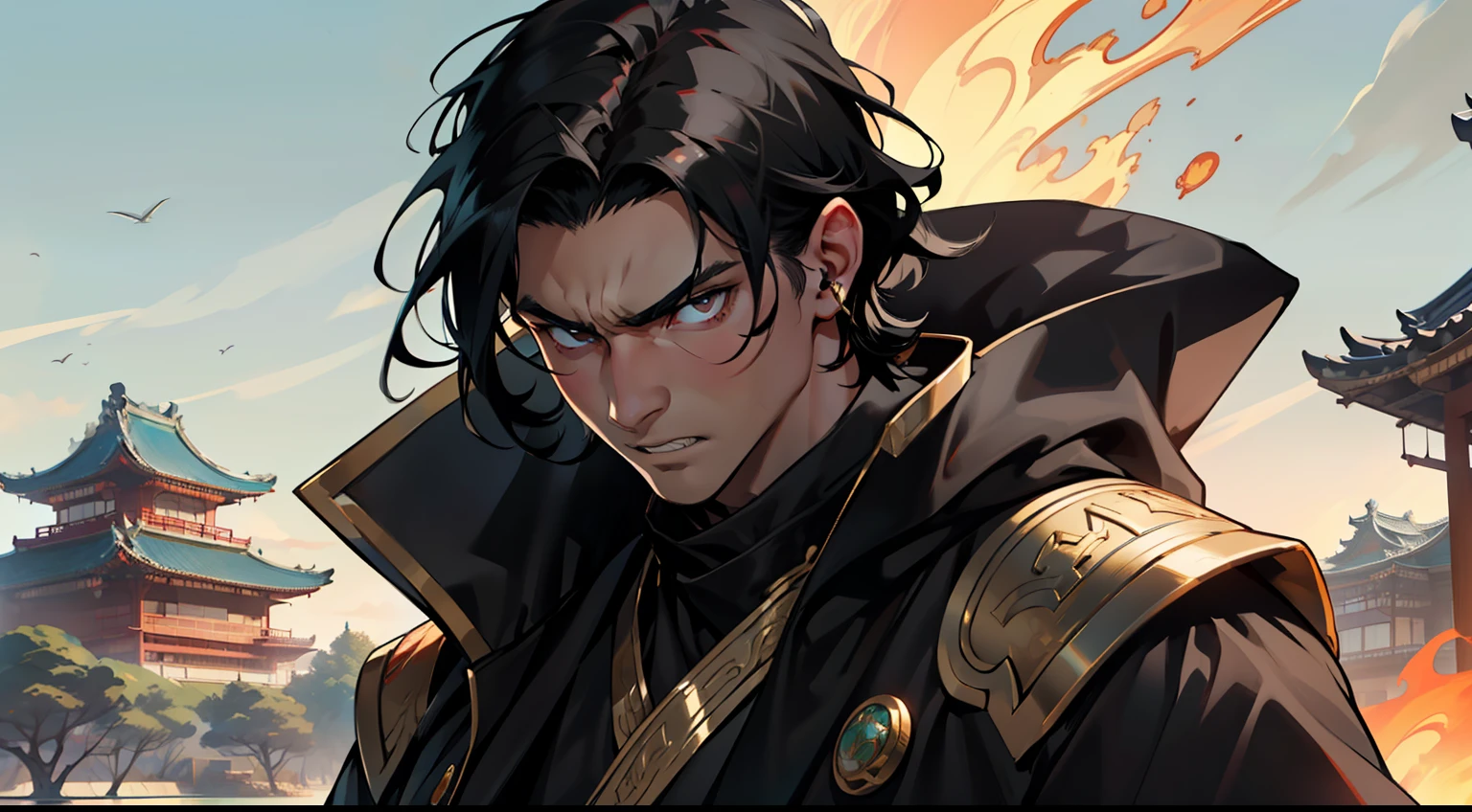 8. (The boy, with (((Black hair))), dressed in a black coat, his kingly air and outstanding demeanor intact, responds with clenched teeth and a gaze filled with murderous intent) (Background: A magnificent ancient imperial palace, resplendent with gold and jade).
