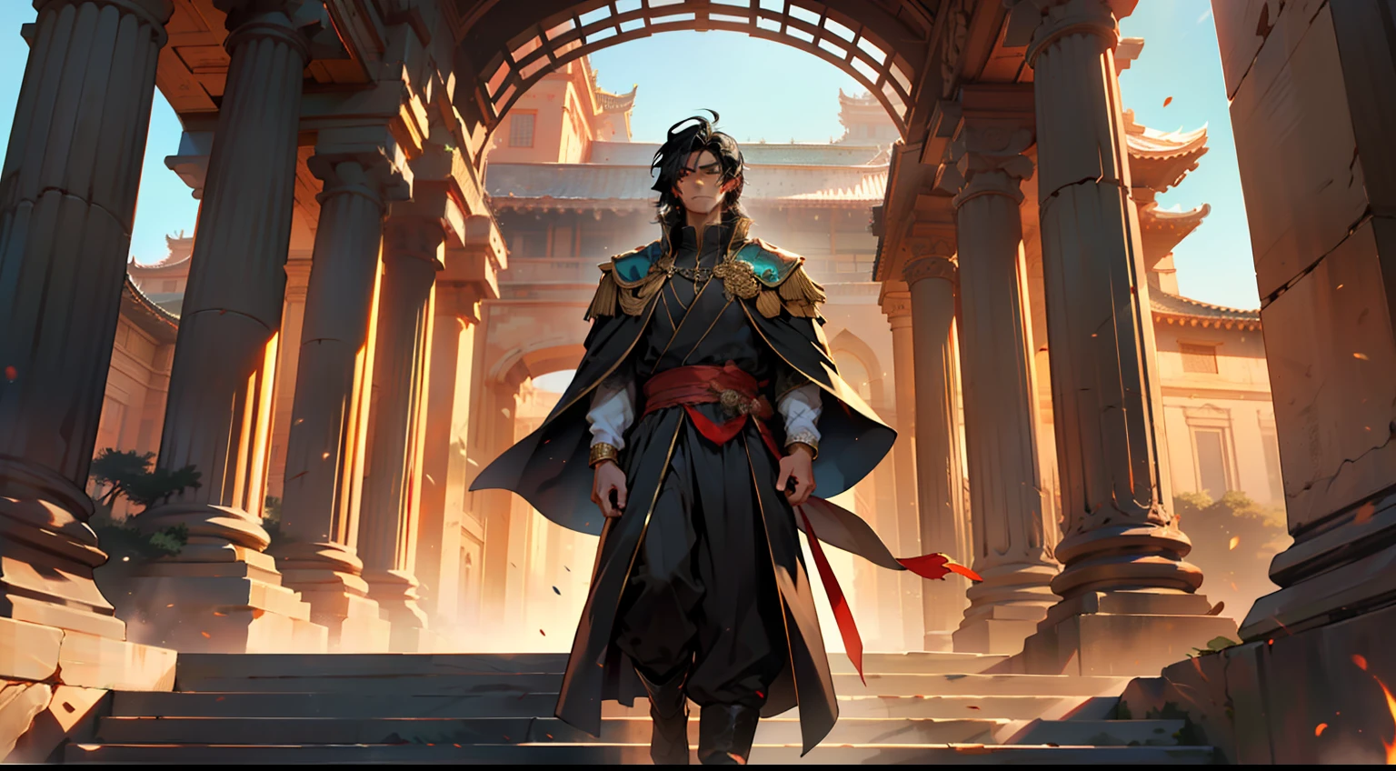 9. (The boy, with (((Black hair))), dressed in a black coat, his kingly air and outstanding demeanor intact, displays a powerful aura, his steps causing half-meter ruins) (Background: A magnificent ancient imperial palace, resplendent with gold and jade).