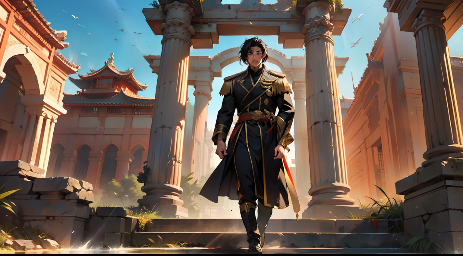 9. (The boy, with (((Black hair))), dressed in a black coat, his kingly air and outstanding demeanor intact, displays a powerful aura, his steps causing half-meter ruins) (Background: A magnificent ancient imperial palace, resplendent with gold and jade).