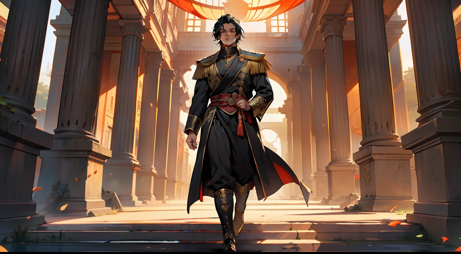9. (The boy, with (((Black hair))), dressed in a black coat, his kingly air and outstanding demeanor intact, displays a powerful aura, his steps causing half-meter ruins) (Background: A magnificent ancient imperial palace, resplendent with gold and jade).