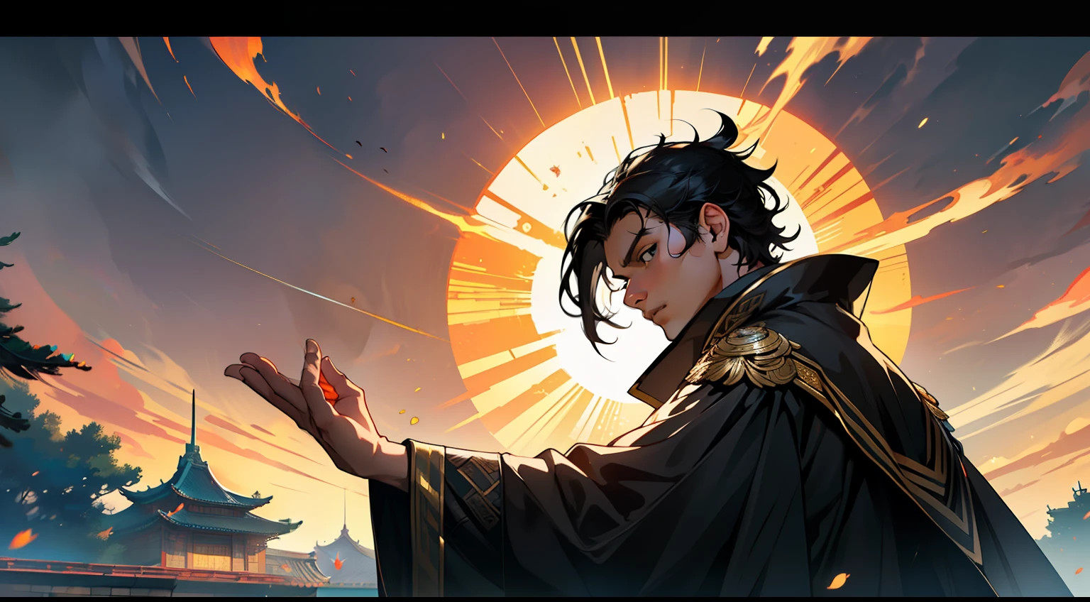 10. (The boy, with (((Black hair))), dressed in a black coat, his kingly air and outstanding demeanor intact, moves swiftly, shining like a small sun) (Background: A magnificent ancient imperial palace, resplendent with gold and jade).