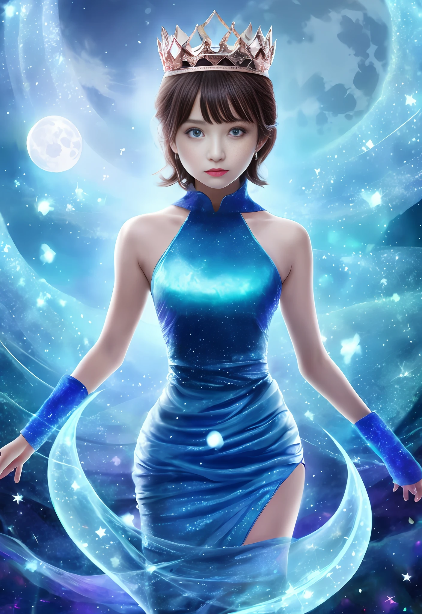 Night, (1 girl)), loneliness, masterpiece, 8k wallpaper, high resolution, absurdity, high quality background, short hair, black hair, multi-colored hair, beautiful frozen village, (full moon), blue dress, detail dress, jewelry dress, (magic: 1.2), blue flame, blue eyes, glowing eyes, fire, ice goddess, (blue delicate beautiful crown), electricity, blue electricity, blue light particles
