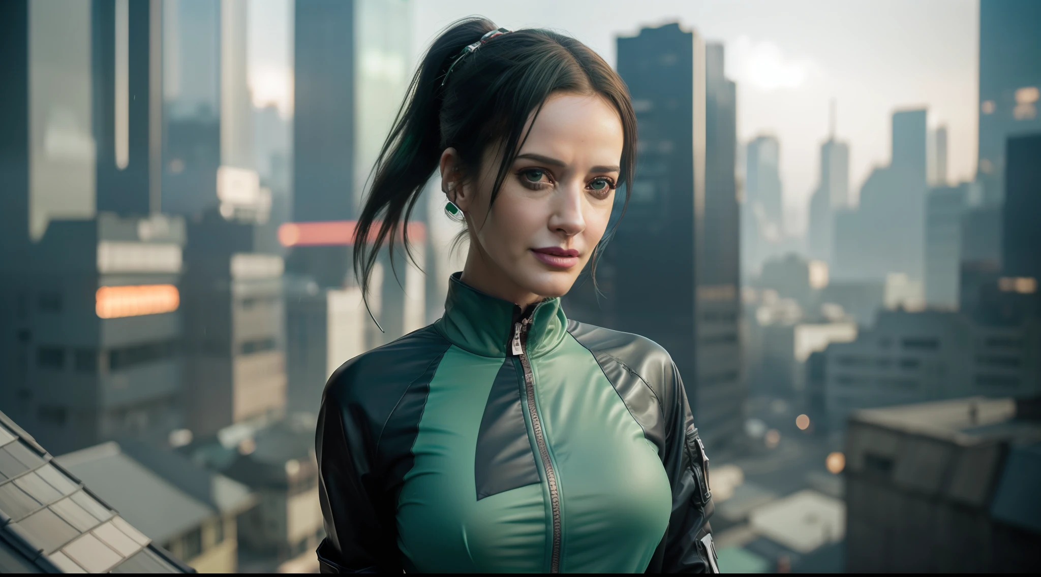 (8k, ARTISTIC photography, best quality, masterpiece: 1.2), (realistic, photorealistic: 1.37), over-detailed, (high-detail skin: 1.2), ((Eva Green)) 8k uhd, SLR camera, soft lighting, high quality, film grain, Fujifilm XT3, cinematic lighting, photonic display, brightness, physically rendered photo (cyber punk Goddess with a katana,), beautiful face, ((pony tail hair)) , (hacking console) ((evil smile)), over-detailed face, (((big open eyes))), beautiful body, toned body, (( dressed as futuristic samurai, Gortex bomber jacket, ǍCROŇYM)), (((over-detailed women's clothing))), ((( Gore-Tex clothes )), (((matte green outfit))), posing, on a roof top overlooking a cyberpunk city, Dystopian cityscape (((pure 8K))), (((perfect anatomy))), extremely high-quality graphics, Riddley scott, ghost in the shell, Blade Runner, Denis Villeneuve (((cinematic lighting))), ((clear details)), complex, highly detailed background,