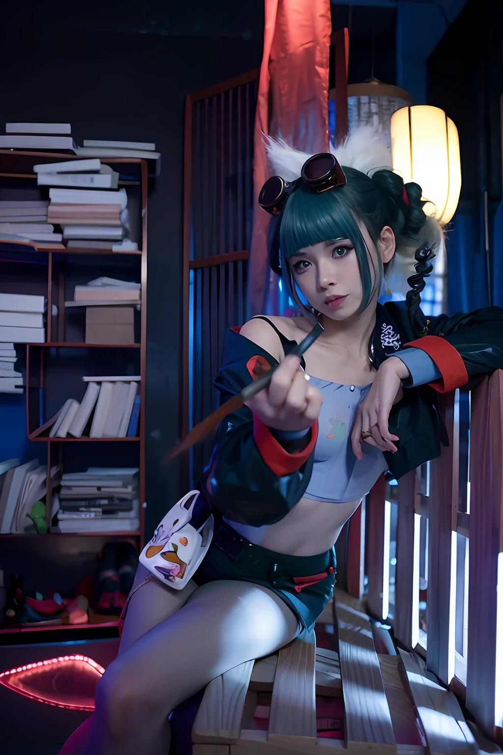 there is a woman with a green hair and a black jacket, Anime style mixed with Fujifilm, Anime cosplay, Anime girl cosplay, cyberpunk geisha, as an overwatch character, very beautiful cyberpunk samurai, professional cosplay, cosplay, cyberpunk angry gorgeous goddess, cyber punk style, loba andrade from apex legends, cyberpunk anime girl, Inspired by Masamune Shirow, anime-inspired