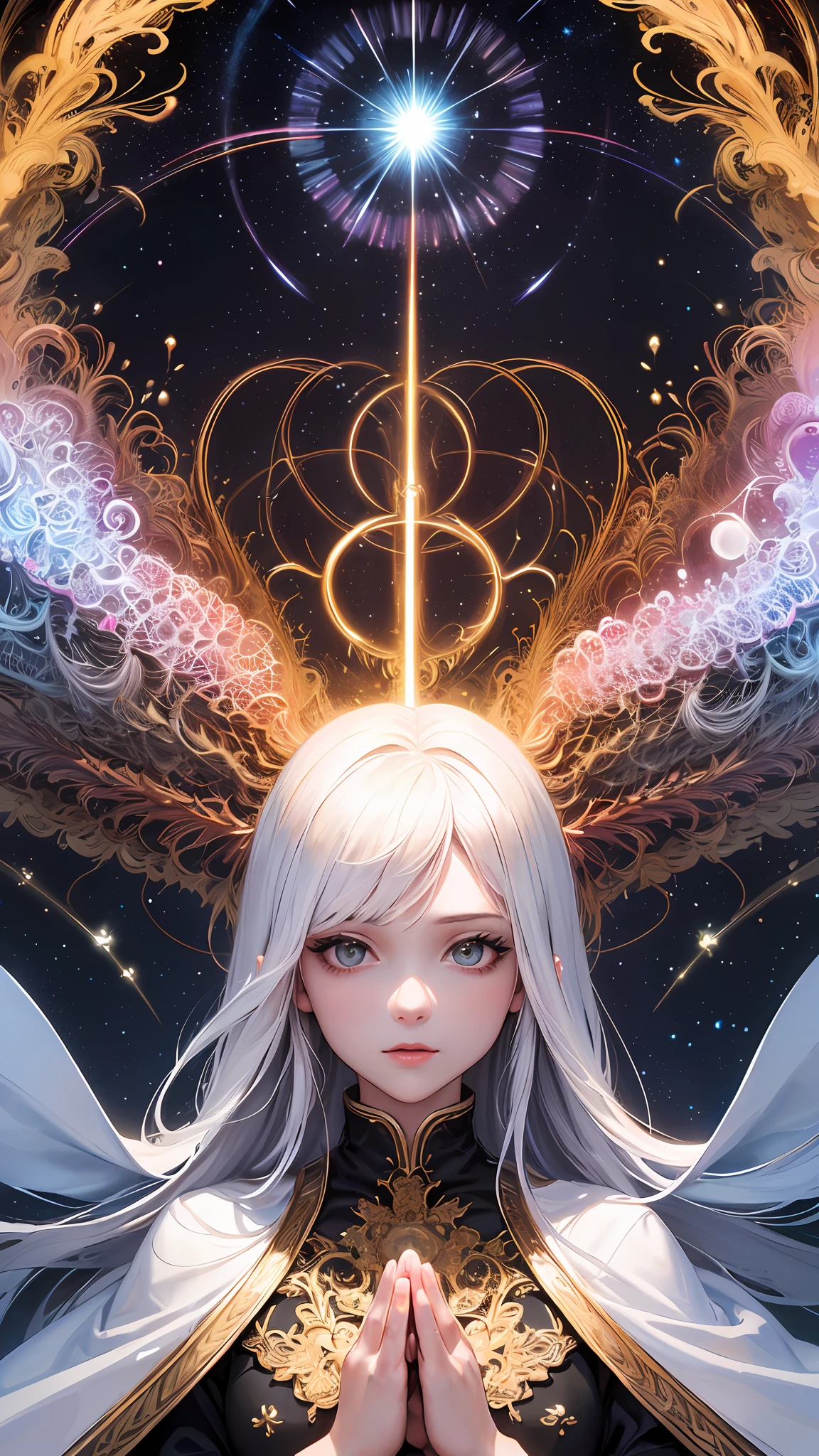 (masterpiece, top quality, best quality, official art, beautiful and aesthetic:1.2), (1girl), extreme detailed, (fractal art:1.3), colorful, highest detailed, perfect face, upper body, HDR, (praying:1.3), (white cloak golden lines:1.2), galaxy, (light streaks), striking visuals, (dynamic streaks, luminous trails:1.2), vibrant colors,