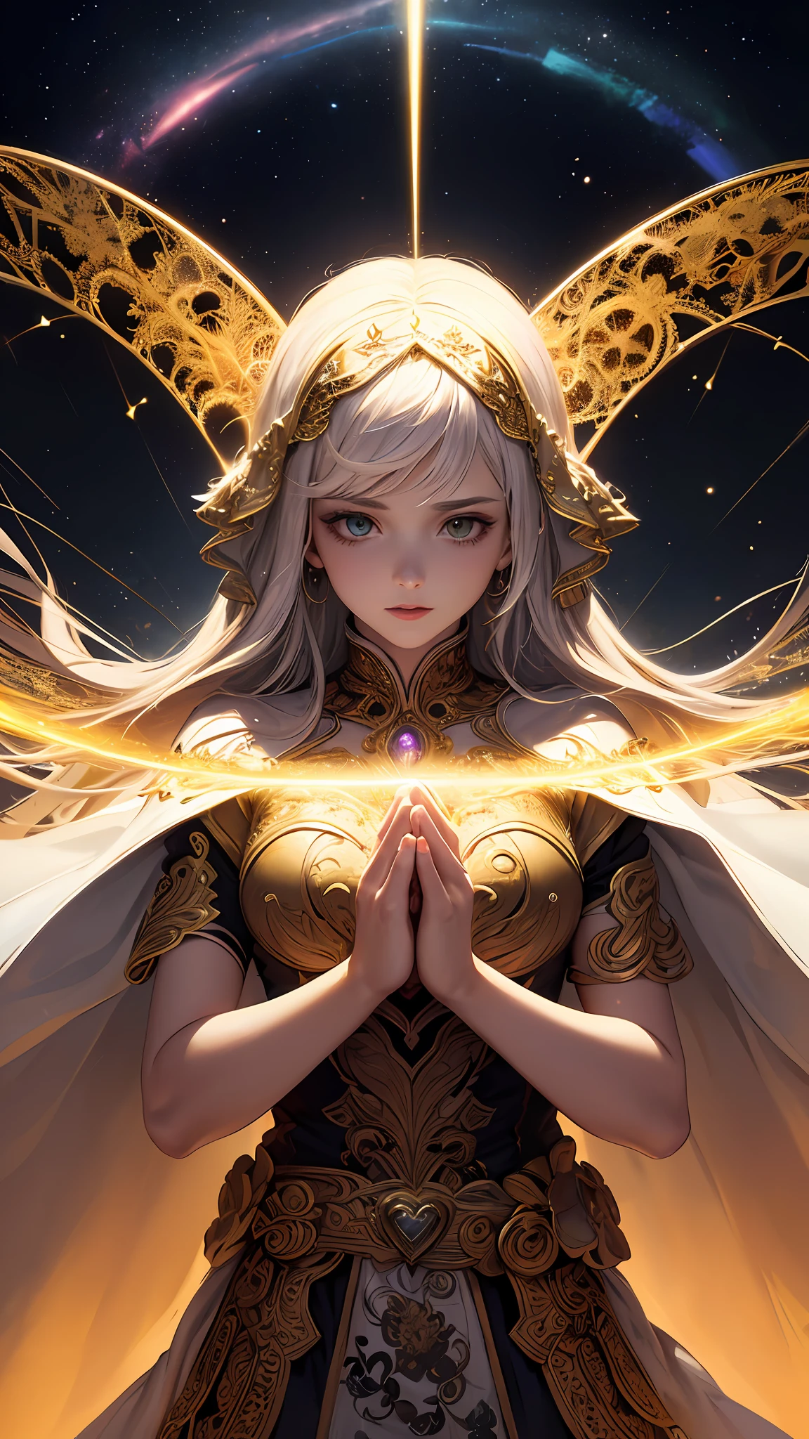 (masterpiece, top quality, best quality, official art, beautiful and aesthetic:1.2), (1girl), extreme detailed, (fractal art:1.3), colorful, highest detailed, perfect face, upper body, HDR, (praying:1.3), (white cloak golden lines:1.2), galaxy, (light streaks), striking visuals, (dynamic streaks, luminous trails:1.2), vibrant colors,