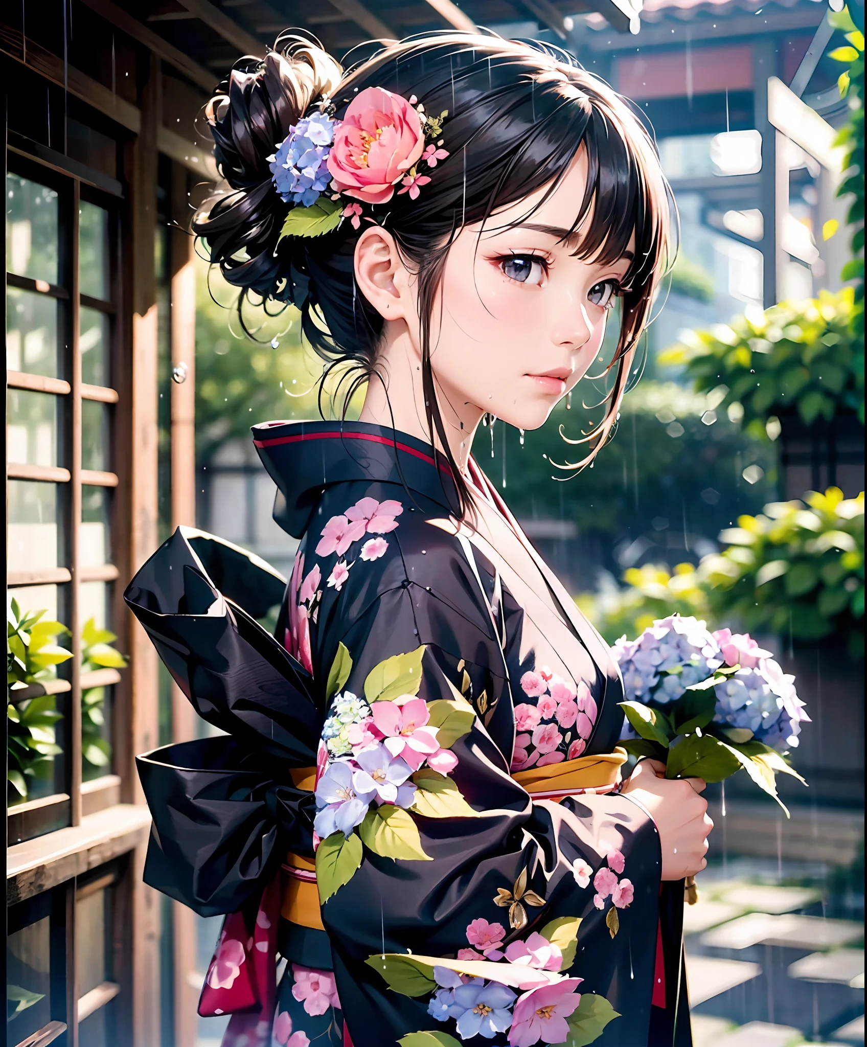 rain is falling,cloudy ash sky,Rain falls on hydrangea,(peerless masterpiece)、(a photorealistic:1.4),Japan kimono woman、Wet in the rain,１８Old Female、Going through、Japanese clothes with hydrangea patterns、Hair ornament in the form of flowers,depth of fields,blurry backround,Hydrangea flowers on the background,dark shot:1.2