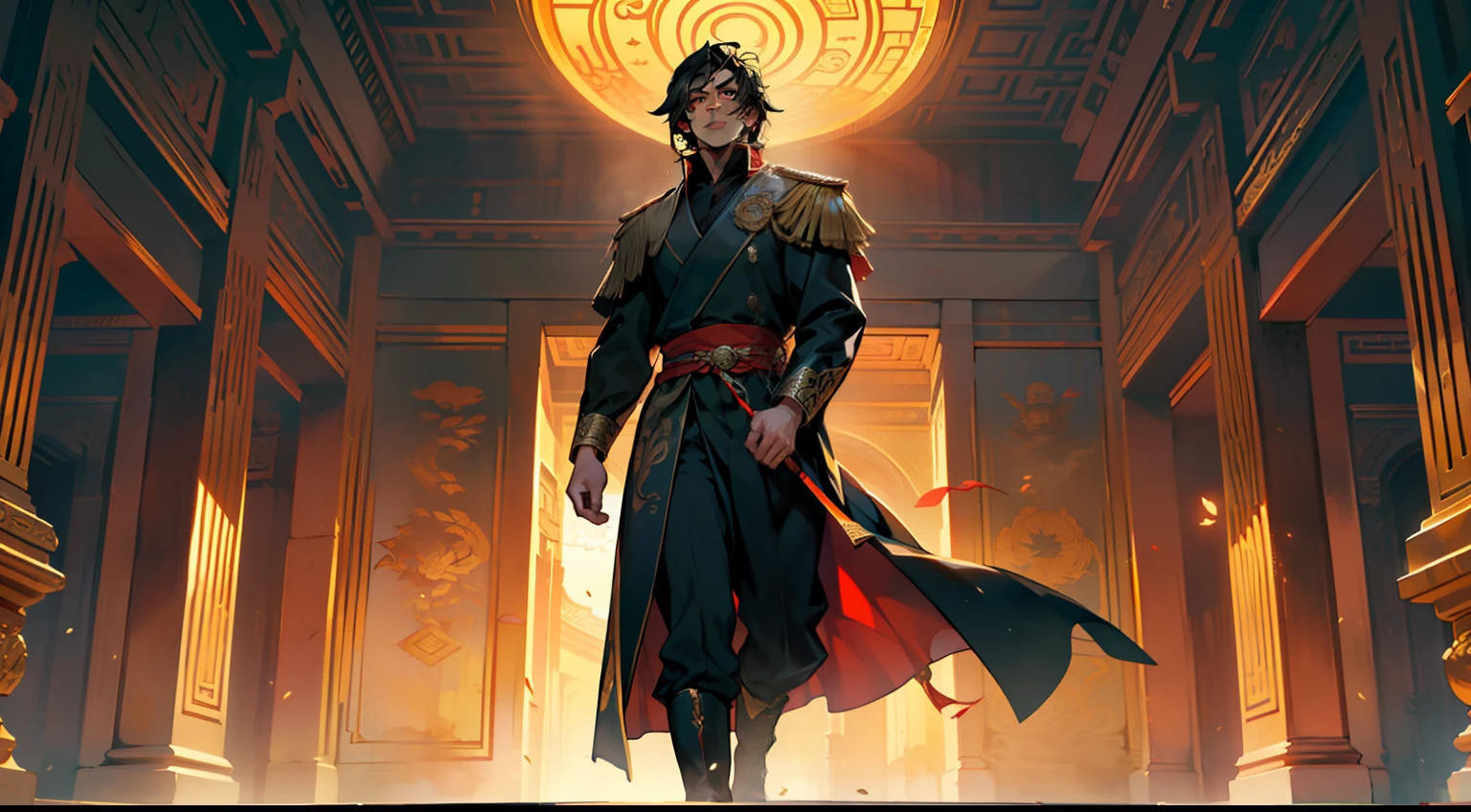 10. (The boy, with (((Black hair))), dressed in a black coat, his kingly air and outstanding demeanor intact, moves swiftly, shining like a small sun) (Background: A magnificent ancient imperial palace, resplendent with gold and jade).