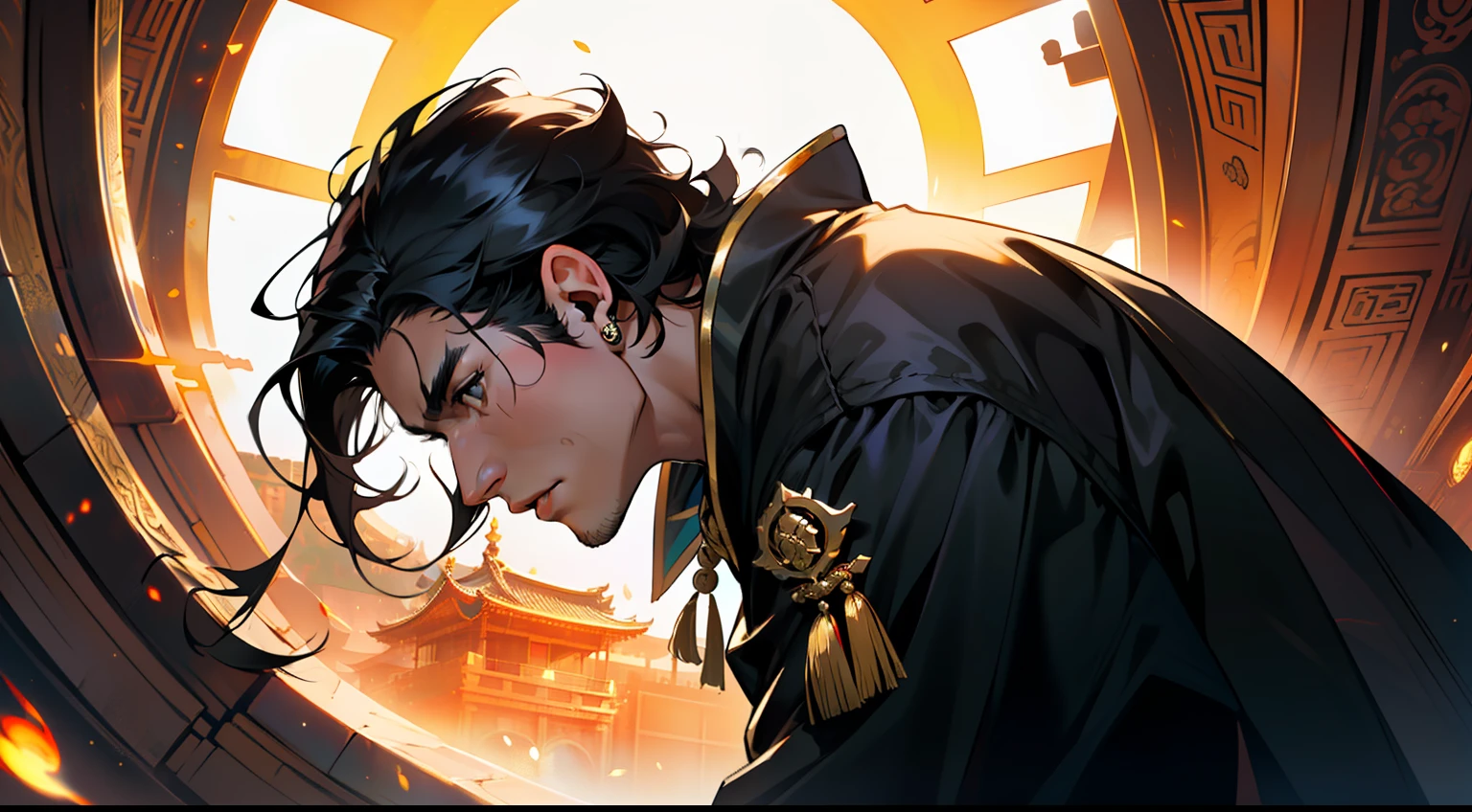 10. (The boy, with (((Black hair))), dressed in a black coat, his kingly air and outstanding demeanor intact, moves swiftly, shining like a small sun) (Background: A magnificent ancient imperial palace, resplendent with gold and jade).