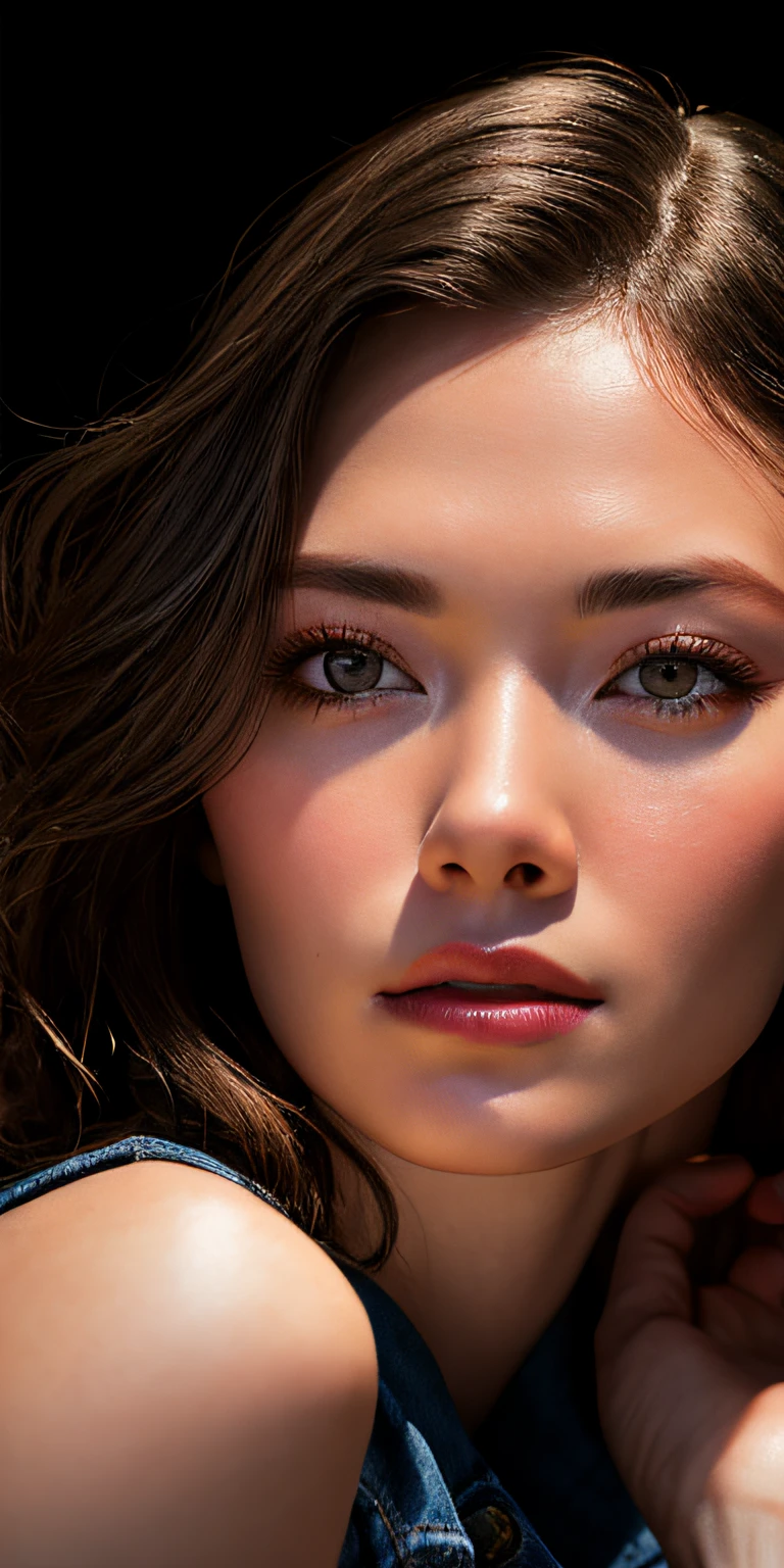 ((Close-up photo of face)), (Black eyes)), Full face portrait photo of 25 year old European girl, RAW, beautiful woman, semi-open strawberry lip, dimples, wistful expression, (Brown hair with extra long wavy), ((Detailed face)), ((Detailed facial features)), (Detailed detailed skin), Pale skin, (cool color), moist, Reflection, (Masterpiece) (Realistic Photography), (Best Quality), (Detail), (4k), (Wallpaper), (Cinematic Lighting), (Dramatic Lighting), (Sharp Focus), (Complex), RAW Photography, Gigachad Photography, Camera Pose, Black Jeans, Back Arm, 8K UHD, DSLR, High Quality, Grain Film, Fujifilm XT3, Film Stock Photo 4 Kodak Portra 400 Camera F1.6 Lens Rich colors Ultra-realistic textures Dramatic lighting Unreal Engine Art Station Trends Cinestill 800 Tungsten, Toughboy Style, Ultra Focus Face, Short Untidy Hair, Beads, Off-Shoulder Crop Top,
