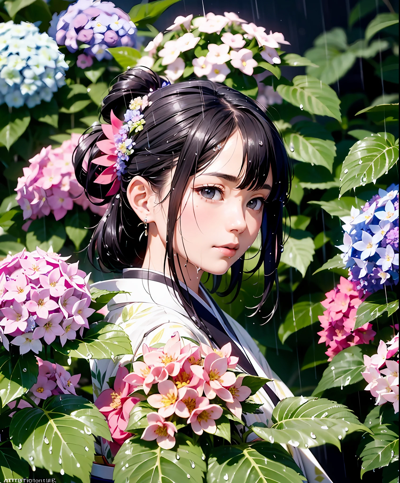 rain is falling,cloudy ash sky,Rain falls on hydrangea,(peerless masterpiece)、(a photorealistic:1.4),Japan kimono woman、Wet in the rain,18Old Female、Going through、Japanese clothes with hydrangea patterns、Hair ornament in the form of flowers,depth of fields,blurry backround,Hydrangea flowers on the background,dark shot:1.2