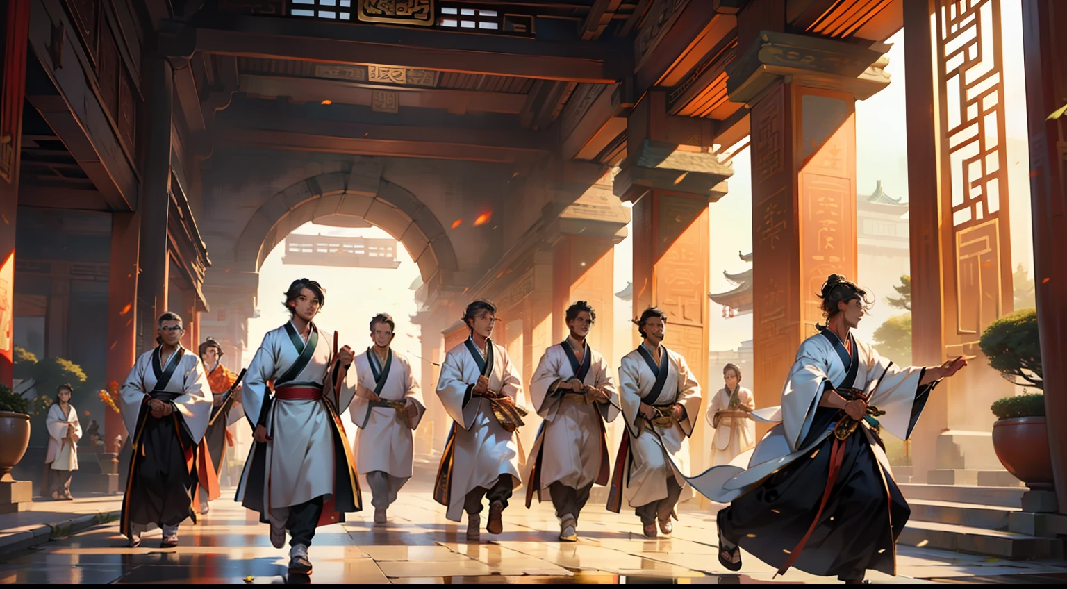 11. (A group of young men in white Hanfu, their movements restrained, unable to escape) (Background: A magnificent ancient imperial palace, resplendent with gold and jade).