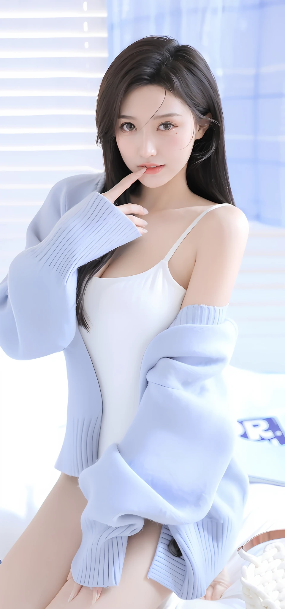 arafed asian woman in a white top and blue cardigan posing for a picture, Open V chest clothes, pale-blue, blue soft details, milky white skin, wearing white camisole, ulzzangs, pale bluish skin, Light blue and white tones, pale milky white porcelain skin, Gorgeous young Korean woman, reluvy5213
