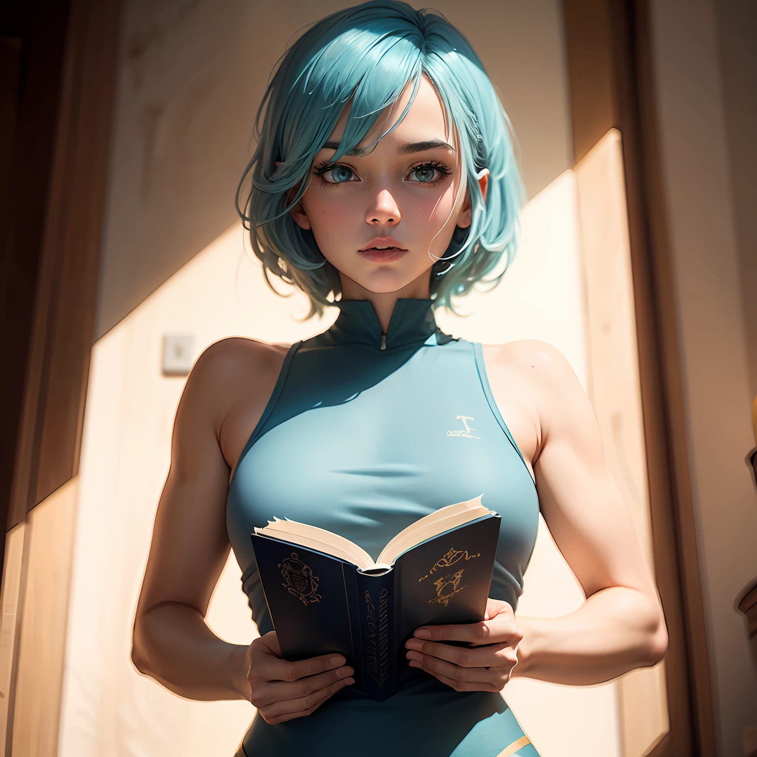 blue hairs,Slender and gentle,looking down at book,Upper body diagram,k hd --auto