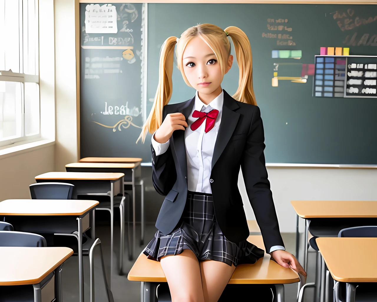 (masterpiece:1.2, best quality), 1lady, solo, school uniform, classroom, day, sit, blonde, twintails, red eyes, open collabone, gyaru, open chest