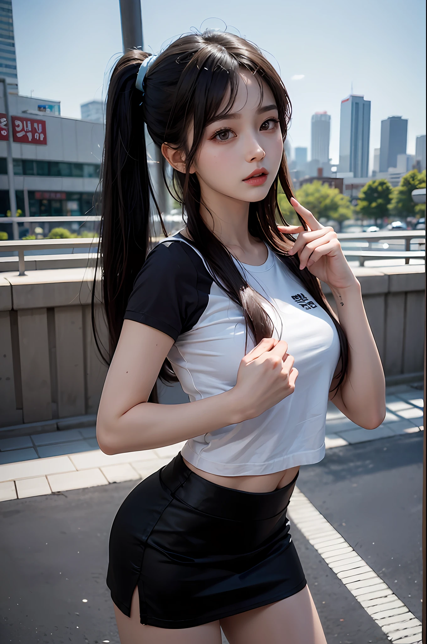 Stone arch bridge,Gangnam Town,Girl posing for photo in loose sky blue cartoon shirt and short black skirt,Slim girl model,ff Tifa,24 years old female model,twin ponytails,side bang,