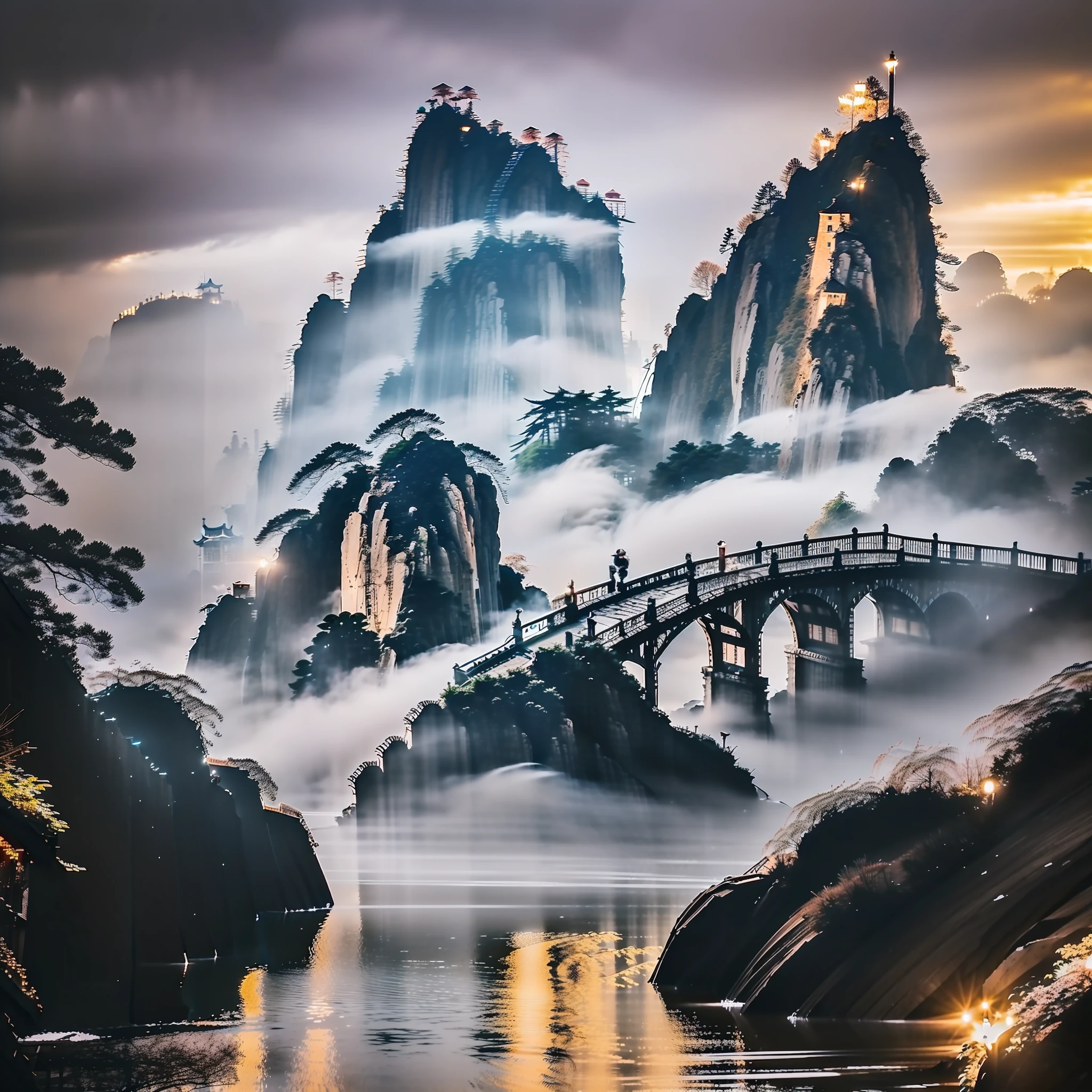 arafed view of a village, lots of lights on buildings, fantastic chinese town, chinese village, amazing wallpapers, japanese town, japanese village, surreal photo of a small town, old asian village, Raymond Han, rainy night, ancient Chinese castle, beautifully lit architecture, evening in the rain, beautiful and aesthetic, photography, movie, 8k, high detail ((heavy rain)))