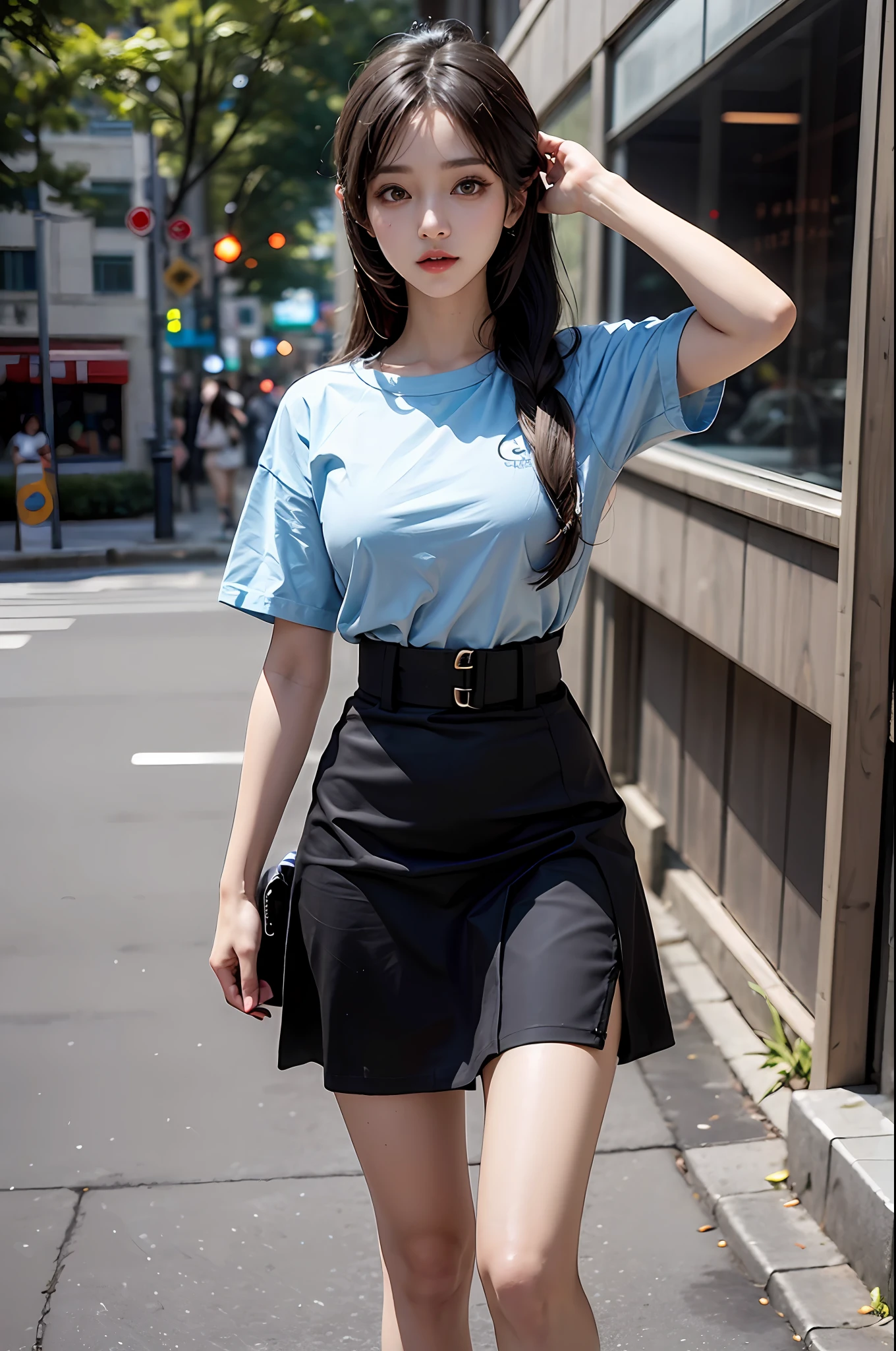 Stone arch bridge,Gangnam Town,Girl posing for photo in loose sky blue cartoon shirt and short black skirt,Slim girl model,ff Tifa,24 years old female model,twin ponytails,side bang,