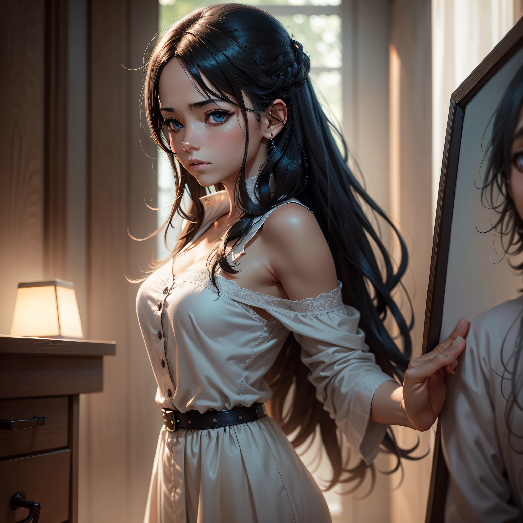 UHD, masterpiece, super detail, high details, high quality, best quality, highres, 4K, full body portrait of a young woman with a mini skirt tank top outfit, clear distinct light blue realistic eyes; sitting, Michael Garmash, Daniel F Gerhartz, strybk style, warm dreamy lighting, Roman background, volumetric lighting, pulp adventure style, fluid acrylic, dynamic gradients, bold colour, illustration, highly detailed, simple, smooth and clean vector curves, vector art, smooth, johan grenier, character design, 3d shadowing, cinematic, ornate motifs, elegant organic framing, hyperrealism, posterized, masterpiece collection, bright lush colours, penumbra, wet gouache