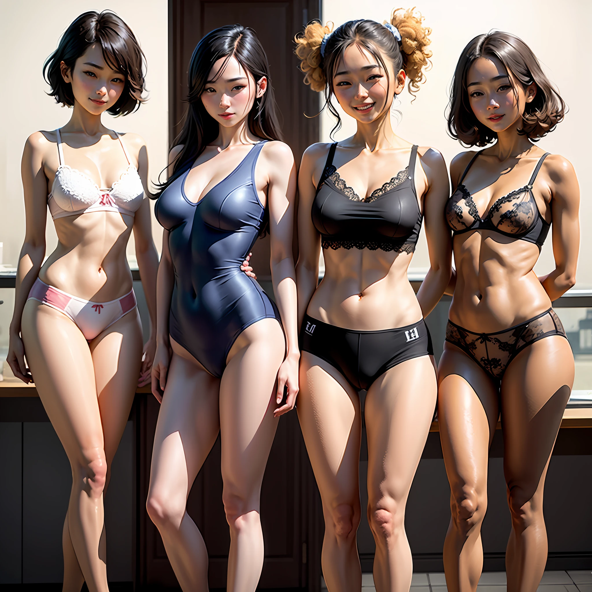 The ultra-Highres、beste-Qualit、The photograph、(Hphotorealistic:1.2)、Underwear、Beautiful and pretty woman Japan person、Blush and smile shyly、Threesome aged 15 to 20、Each underwear design is unique、Underwear that shows through the skin、 --auto