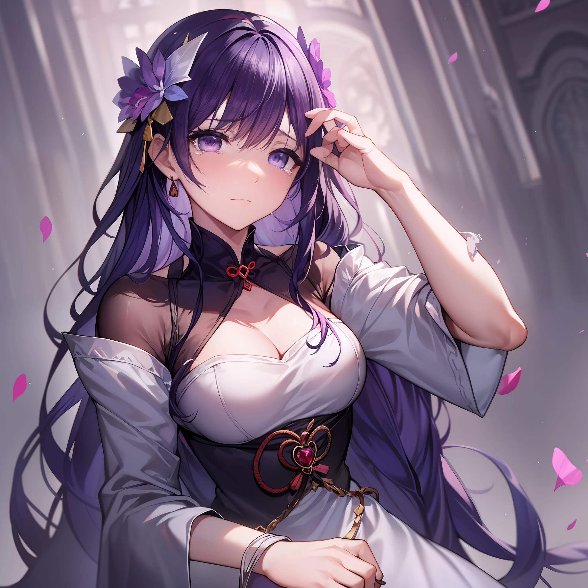 In the midst of this magnificent and ancient court，A purple-haired female emperor of the purple fox tribe

She wore a gorgeous white dress，Hair and drooping long sleeves dance softly in the wind。But her face was covered with tears，His eyes were filled with sadness and despair。She held a piece of paper in her hand，The contents of the paper made her feel endless grief。

The color tone of the whole picture is mainly white and deep red，The strong contrast creates a solemn atmosphere。In the background is a stately palace，A faint light shone through the crimson windows。

This female emperor through her expressions and body language，It shows a fragile and sad heart。She was waving the paper in her hand，Tears couldn't help themselves from slipping down。Her eyes were confused，It seems to be silently reminiscing about something，The words written on the piece of paper in front of her brought her endless pain。

The whole picture conveys a sense of heaviness、Sadness of emotion，Let the viewer feel the endless grief and helplessness that the female emperor has lost something。With the nobility shown before、The solemn image is different, Senyum padaku, mencintaiku dengan tulus dan sepenuh hati nya, baik, Perhatian, setia