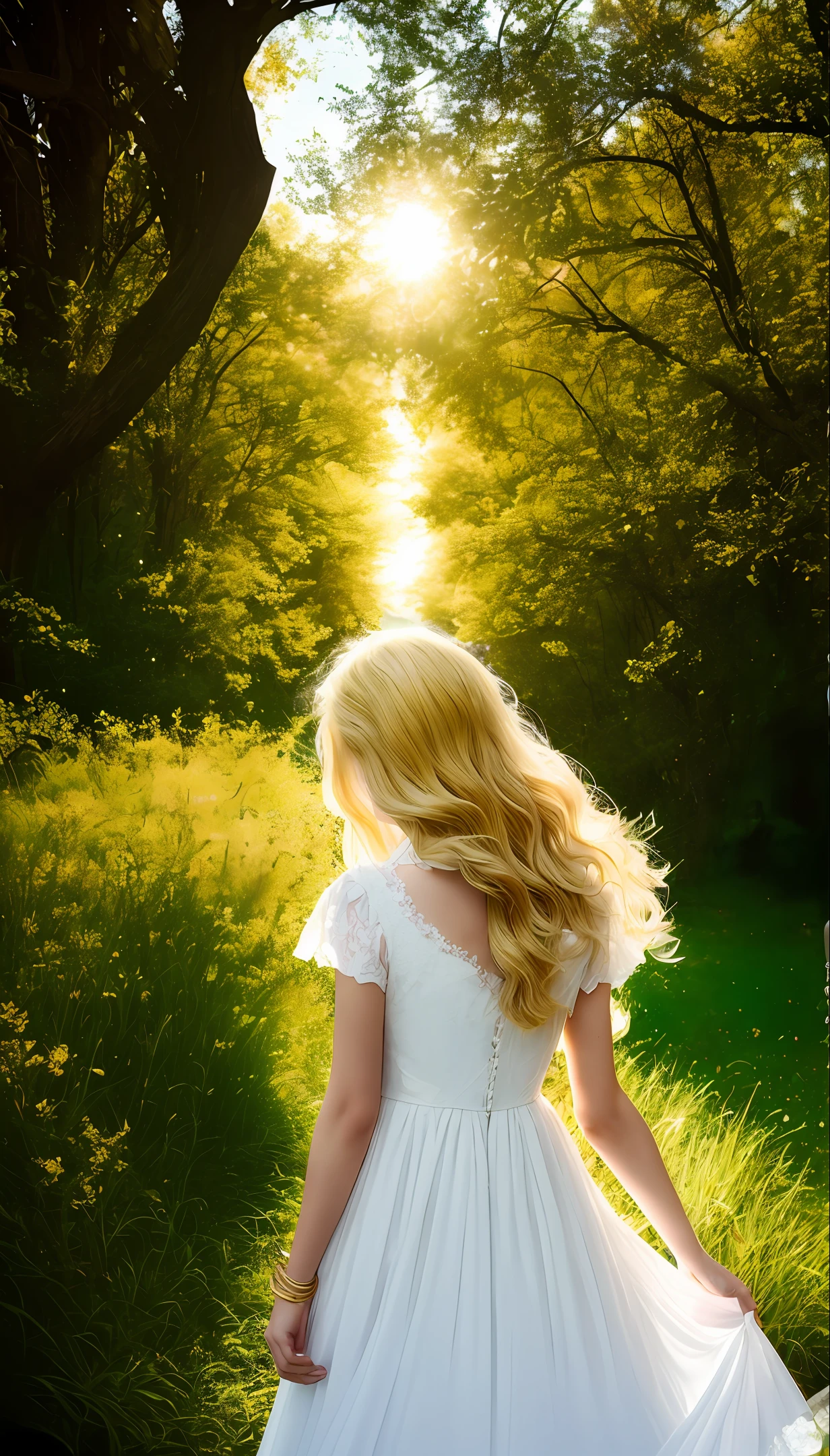 golden hair,Block sunlight,white dresses,dream magical,photorealestic