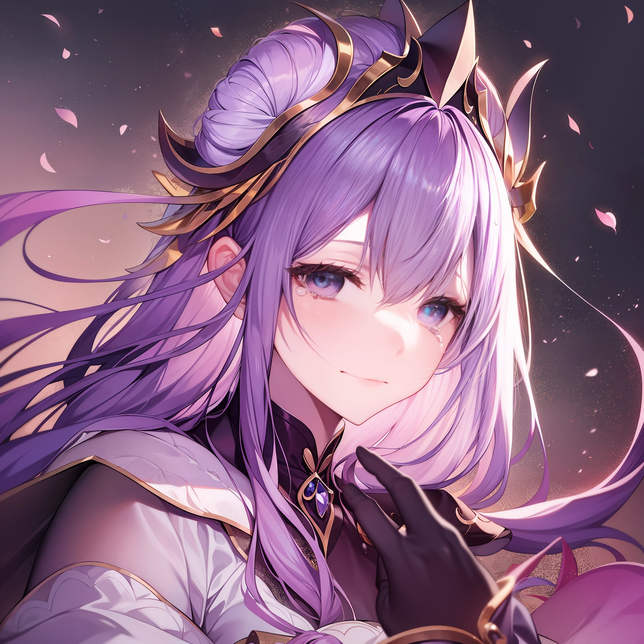 In the midst of this magnificent and ancient court，A white-haired female emperor of the white fox tribe who is wiping her tears appears in the center of the picture。

She wore a gorgeous white dress，Hair and drooping long sleeves dance softly in the wind。But her face was covered with tears，His eyes were filled with sadness and despair。She held a piece of paper in her hand，The contents of the paper made her feel endless grief。

The color tone of the whole picture is mainly white and deep red，The strong contrast creates a solemn atmosphere。In the background is a stately palace，A faint light shone through the crimson windows。

This female emperor through her expressions and body language，It shows a fragile and sad heart。She was waving the paper in her hand，Tears couldn't help themselves from slipping down。Her eyes were confused，It seems to be silently reminiscing about something，The words written on the piece of paper in front of her brought her endless pain。

The whole picture conveys a sense of heaviness、Sadness of emotion，Let the viewer feel the endless grief and helplessness that the female emperor has lost something。With the nobility shown before、The solemn image is different，This painting shows the psychological stress and tossing and turning sleep of those in power in the face of irresistible choices and failures。