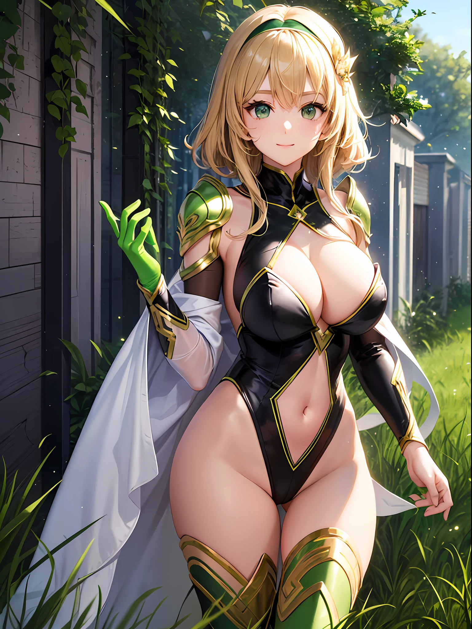 (beste-Qualit: 1.3), (tmasterpiece: 1.3), (The ultra-detailliert: 1.3), (wall-paper, One-man girl), ([Diamonds: 1.3|The eye]:1.2)、(Perfect green leotard:1.5)、blondehair、waved hair、ssmile、(Beautiful :2.0)、fullllbody、grass field、White shoulder armor、White cloak、Green headband、Green arm cover、Green boots