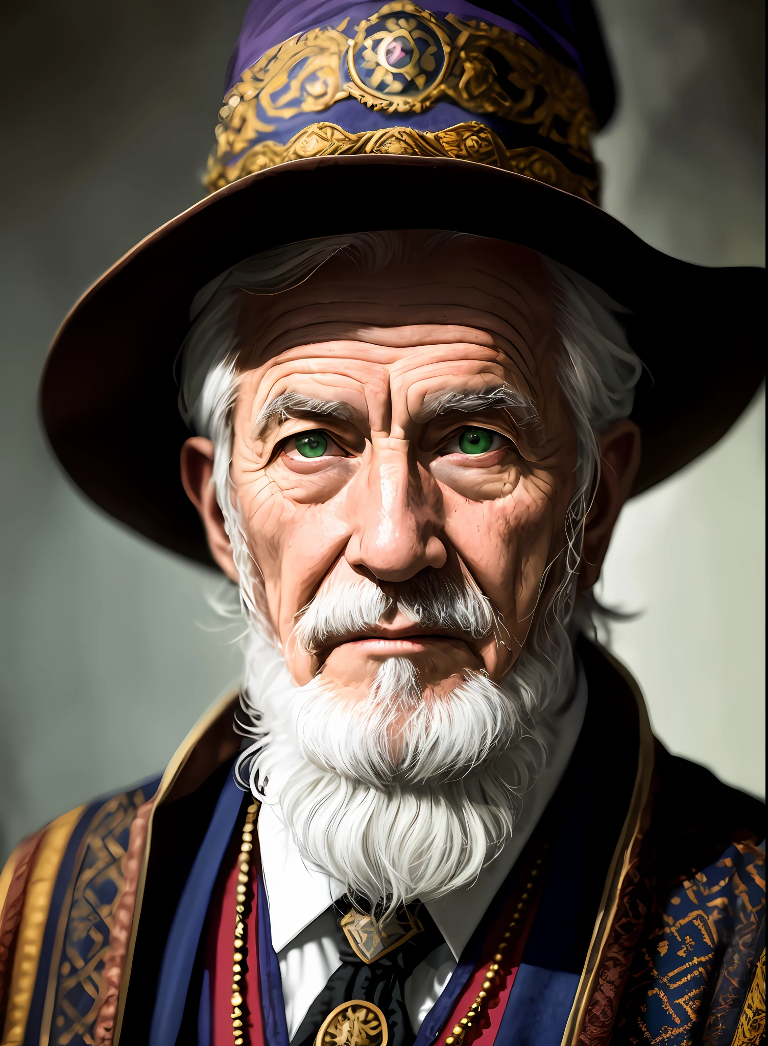 A portrait of a wizard, wise, bearded, wrinkled, aged, with piercing green eyes, detailed face, high details, photography, dark studio, rim light, Nikon D850, 50mm, f/1.4