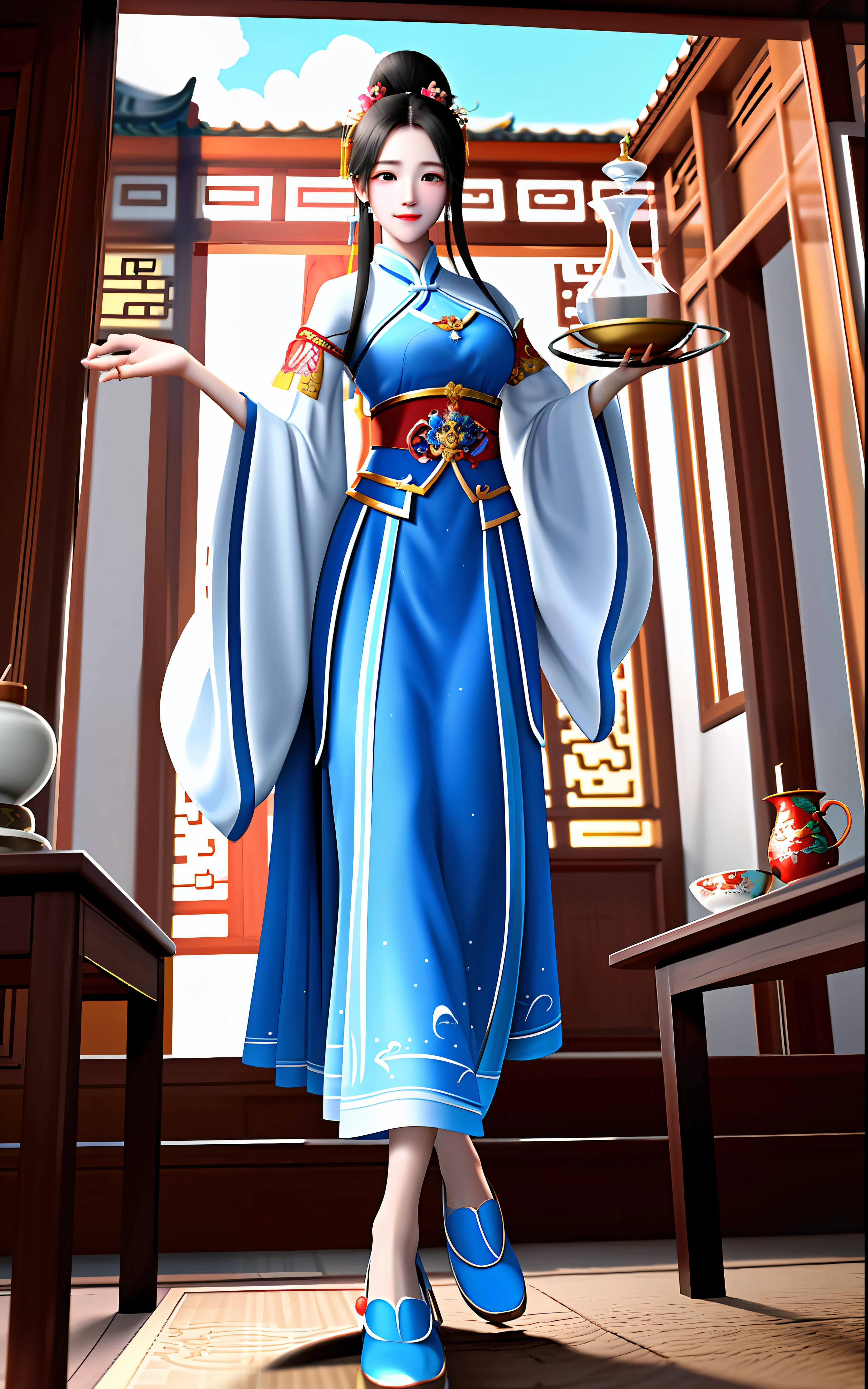 Excellent, Best image quality, highly accurate, The picture is full of fairy, Fairy two-handed tray, There are heavenly treasures in the plate、elixir、Immortal medicine, Foot pedals are gentle clouds, Traditional Chinese-style architecture surrounds, Traditional artifacts are dotted within.
