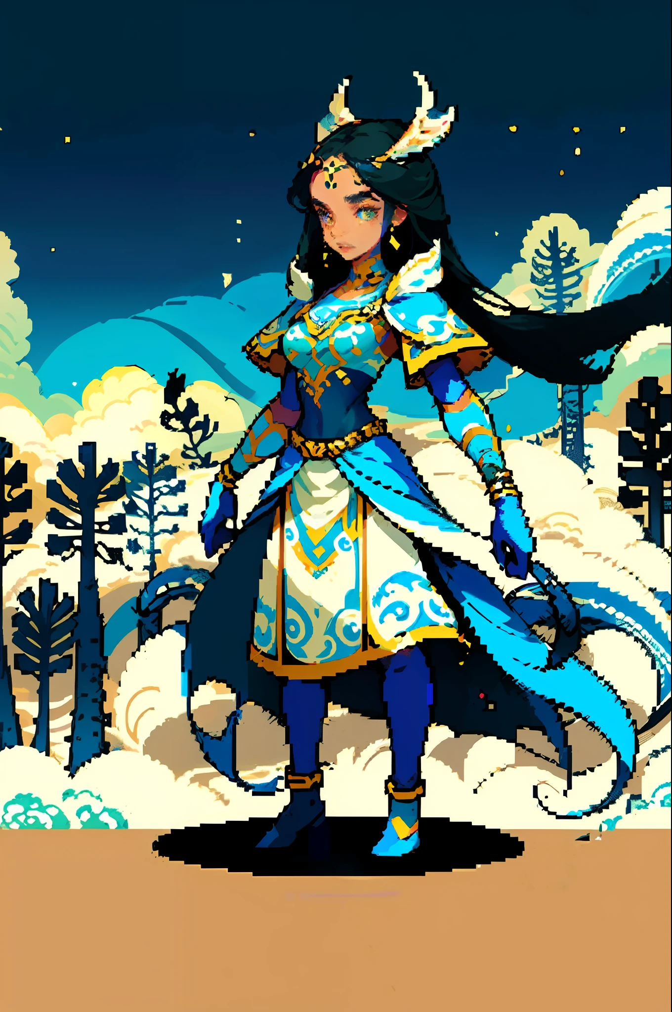 ({{masterpiece}}), {{best quality}}, pixel art, {{1girl}}, {{1man}}, taniwha, huia, warriors, hot and cold