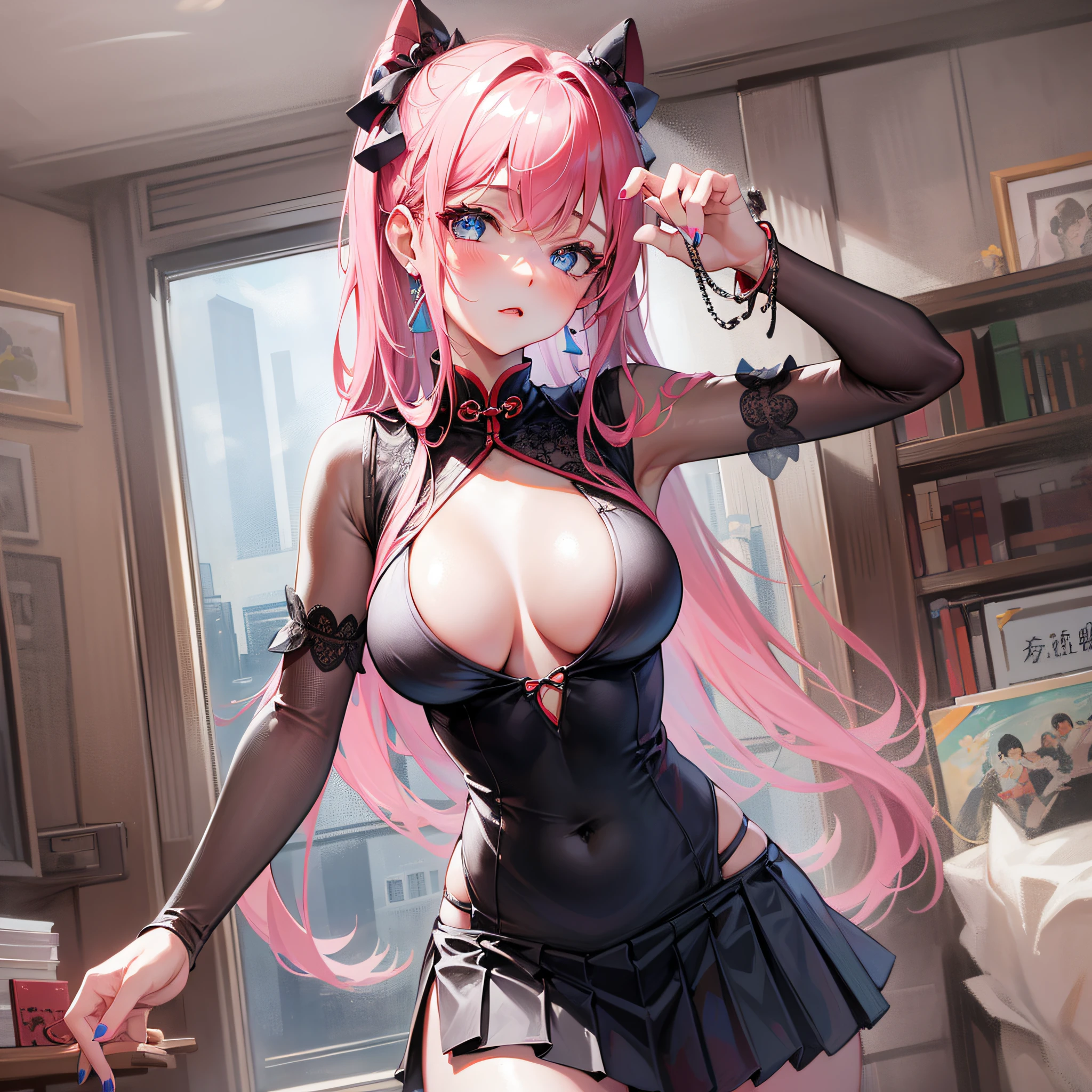 Seventh March, Seventh_Marchen, 1girl big breasts, 独奏, ((on cheongsam)),(cleanness:1.2), Fair thighs, nedium breasts,Bigboobs, Skirt that wraps hips, seaside backgroud, Black skirt, Pleated skirt,Get wet, ponytailhair, Blue earrings,house, length hair, looking looking at viewer, Short pink nails, Blue eyes, 独奏, Great legs, ((Black lace)),((tmasterpiece:1.1)), nameplate, ID tags, inside bedroom, Be red in the face, A sexy pose, With hands behind your back