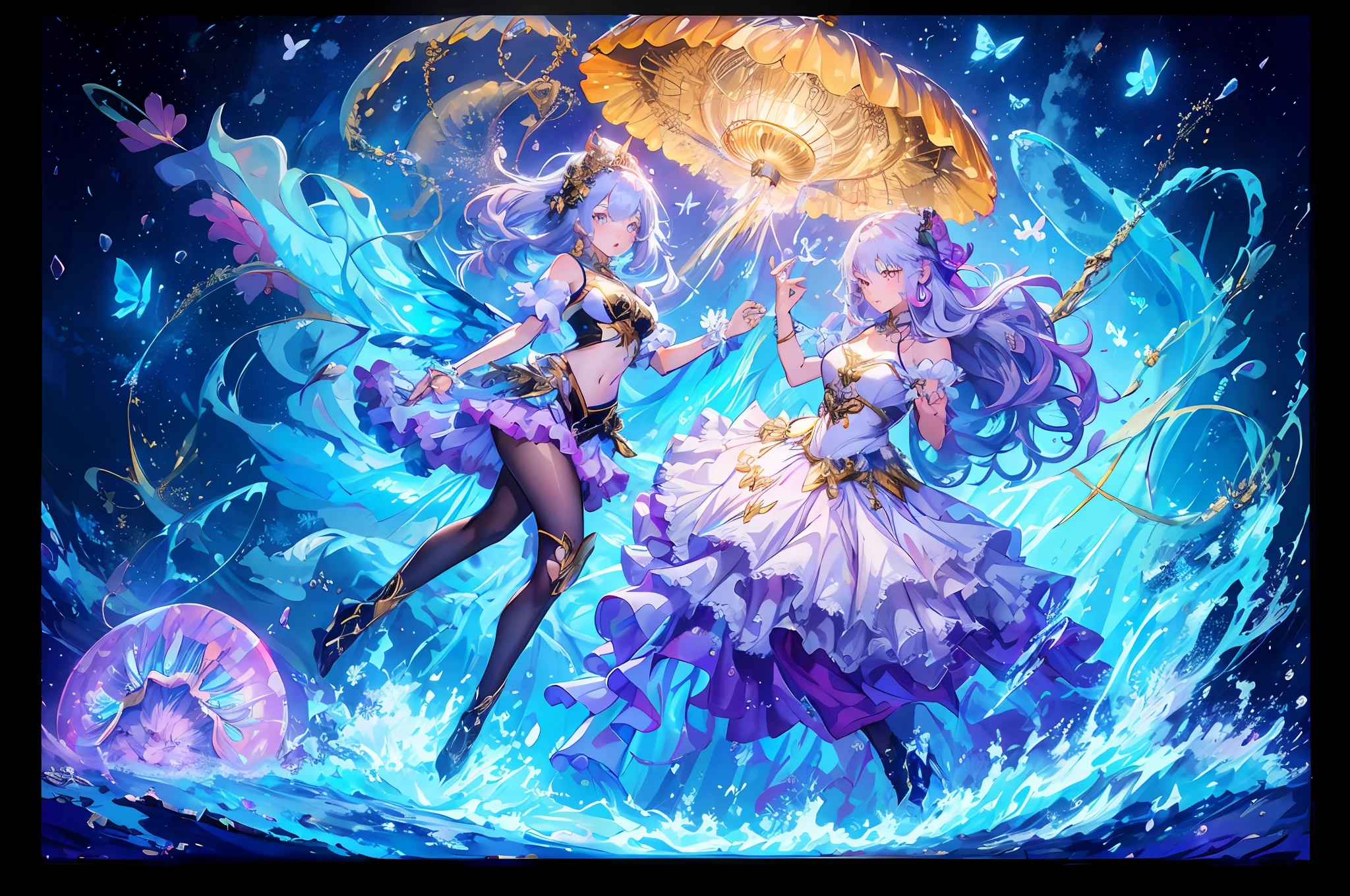 (twogirls:2.0),Angels and dream demons:2.0,heterochromatic pupils,Wings,super detailing, Dramaticlight, intriciate detail, Best quality at best, Tulle floral dress,silk stockingsa,Sock rings,(beautiful detailed face, beautiful detailed eyes), highcontrast, (best illuminate, Extremely refined and beautiful),(Kizi:1.5), , tmasterpiece, (((Perfect quality) )), , (((highly details))), (perfect eyes), glowing light eyes, slicked, A high resolution, Ultra image quality, glarelight, Irridescent color, globalillumination, True hair exercise,realistic raytraicing,realistic shaded,Perfect quality,detailed shadow and light,Peerless beauty,Realistic details,Rich in detail,Color gradient,Tattoo of the lower abdomen,8K,The artwork,A masterpiece,feathered,clouds,florals,mature femal,Elegant hairpin spiral coiled hair,Blue-tailed butterfly cheongsam,Delicate earrings,Bright starlight,Flushing on the face,A large number of ghosts appear,Crystal Crown,Crystal heels,Crystal necklace,(++Sea of blue pink clouds:1.9++0),hair braids,Jewel-like golden eyes,disconsolate,Exquisite and gorgeous dresses,Sense of brokenness,blossoms,HighestQuality,tmasterpiece,A masterpiece,extreme hight detail,Peerless beauty,8K, Yes,Gorgeous light and shadows,Messy hair,sophisticated haircut,Delicate portrayal of facial features,Delicate hair portrayal,(Original Drawing),(Watercolor blending:1.1),flowy,White yarn,Eau,foamy,Sea of blue pink clouds,(Complete hands:2),